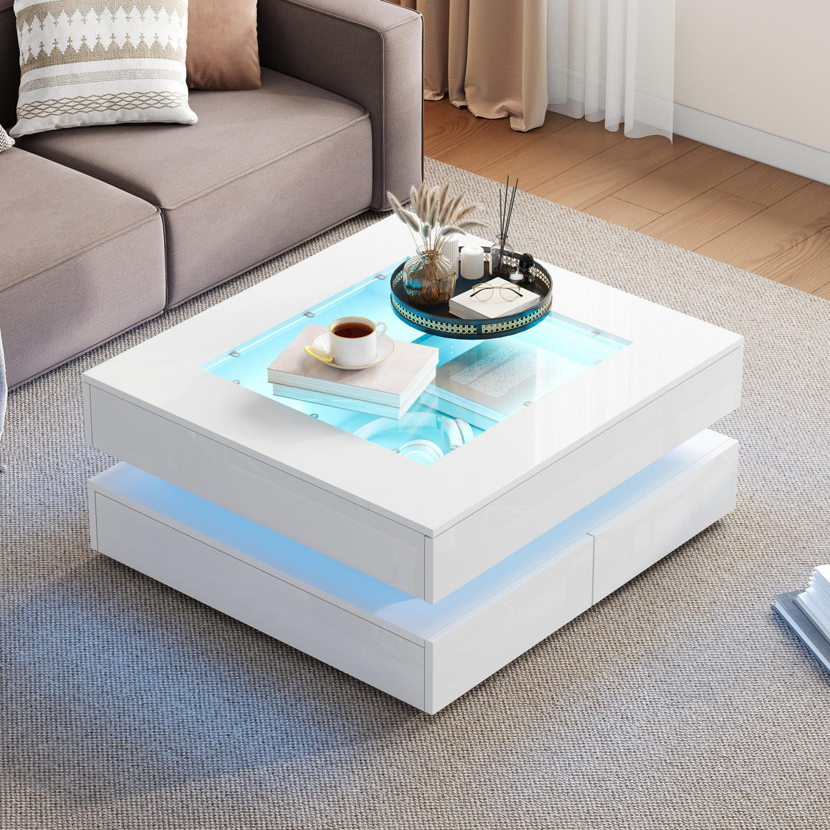 COUCHTISCH LED Glasplatte 3 Schubladen Hochglanz Weiß 70x70cm - Weiß, Holzwerkstoff (70/70/35cm) - FLIEKS