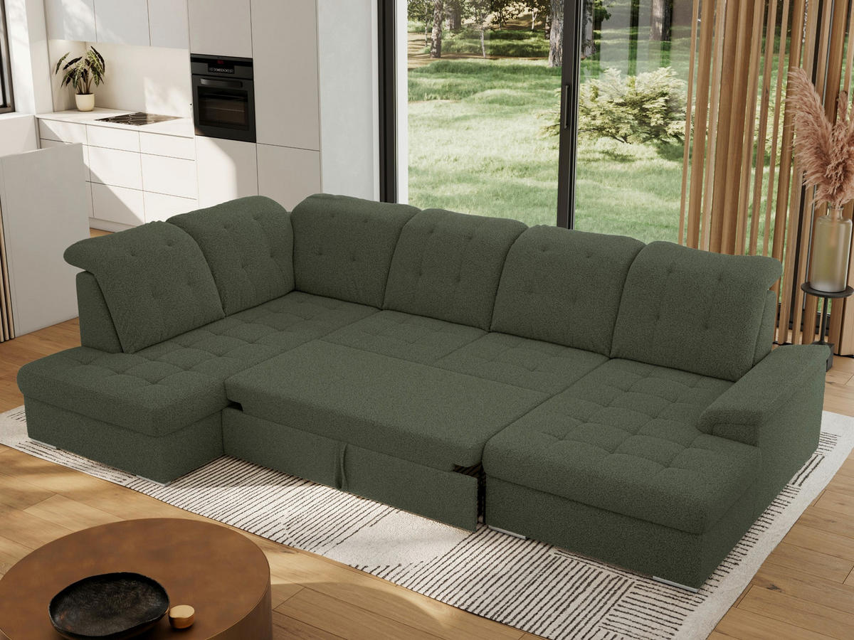 WOHNLANDSCHAFT MADRITO U - Grün Boucle - Links - Silberfarben/Grün, Textil/Metall (204/89/323cm) - MKS