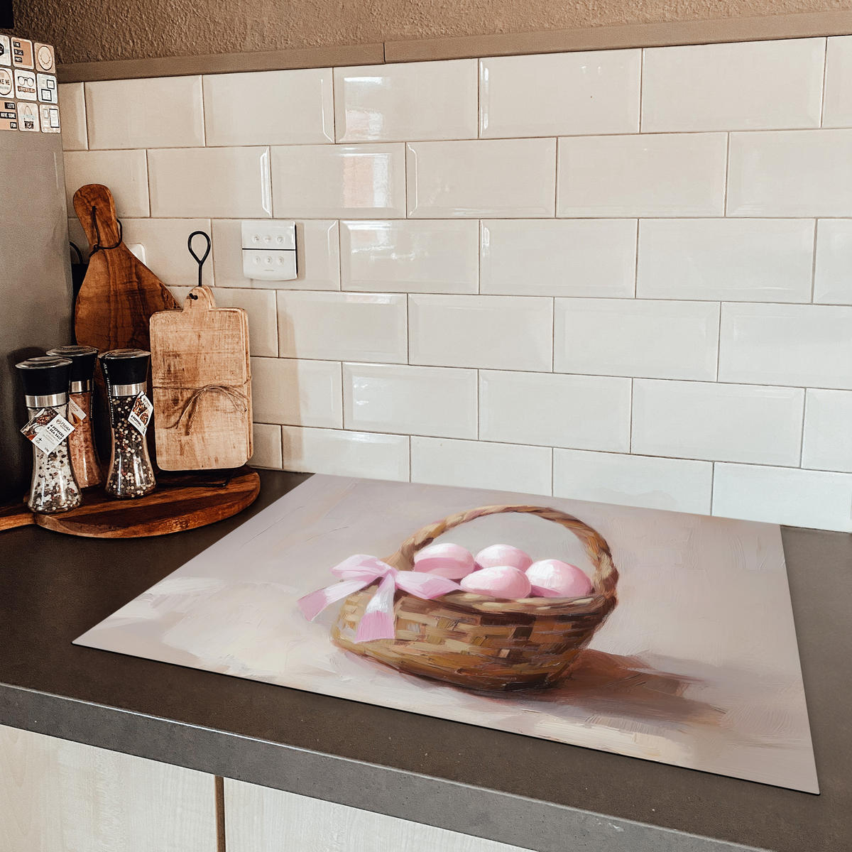 HERDABDECKPLATTE Korb - Eier - Rosa Herdabdeckung Induktionsfeld 70x52 cm - Beige, Kunststoff (70/52/0.2cm) - MuchoWow