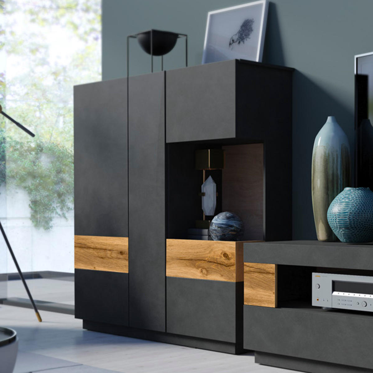 VITRÍNA Andrea Antracitově šedá a dřevo - šedá, kompozitní dřevo (130/139/40cm) - Petits-meubles