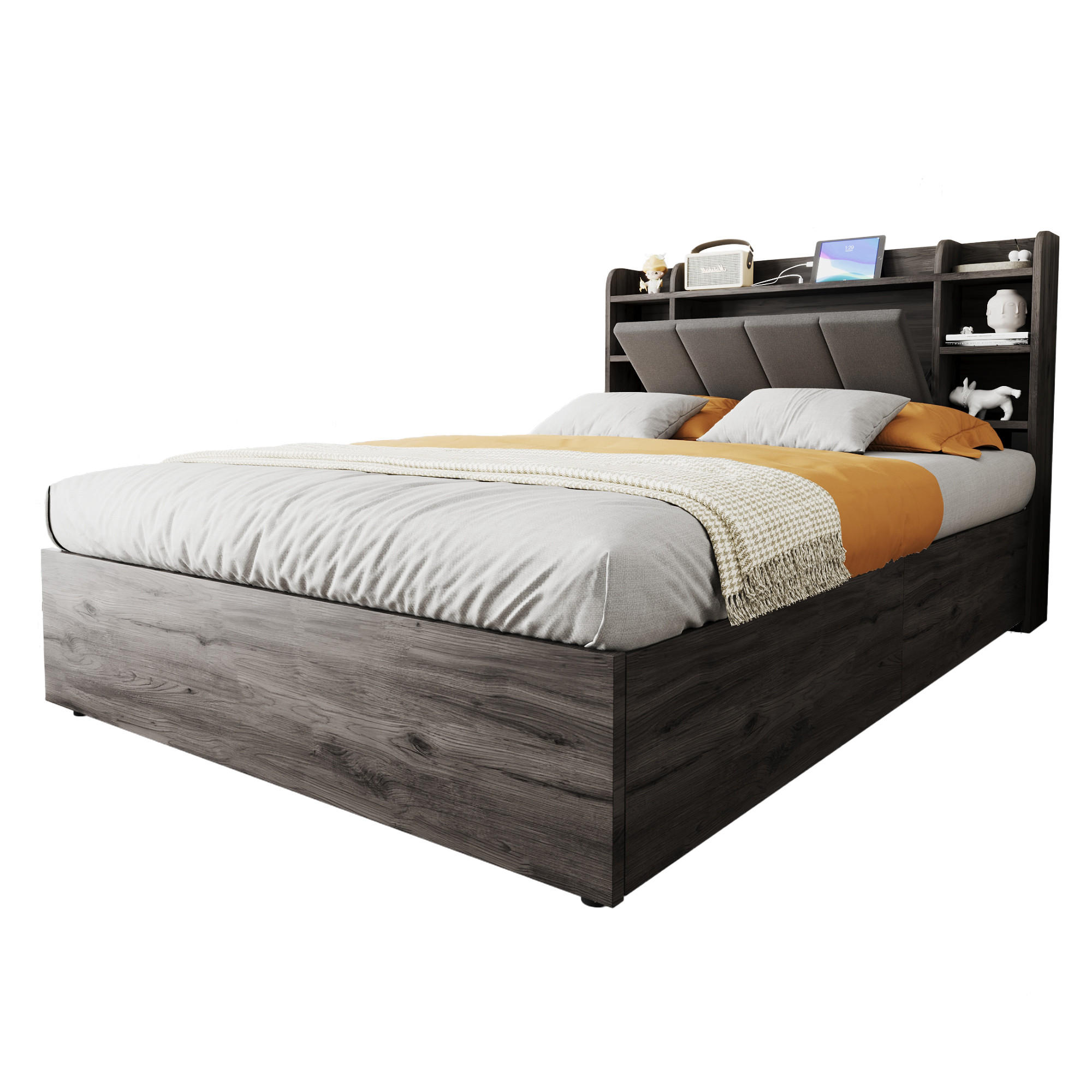 BETT 140/200 cm in Grau & Natur mit Stauraum, Regal und USB - Grau, Holz/Holzwerkstoff (140/200cm) - WISHDOR