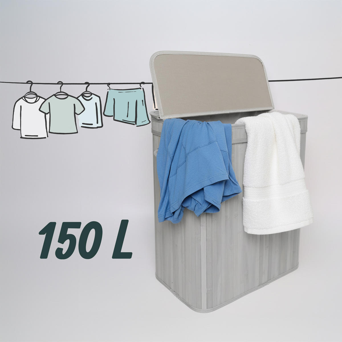 KÔŠ na prádlo - sivá, drevo/textil (41.5/61/61.5cm) - Relaxdays