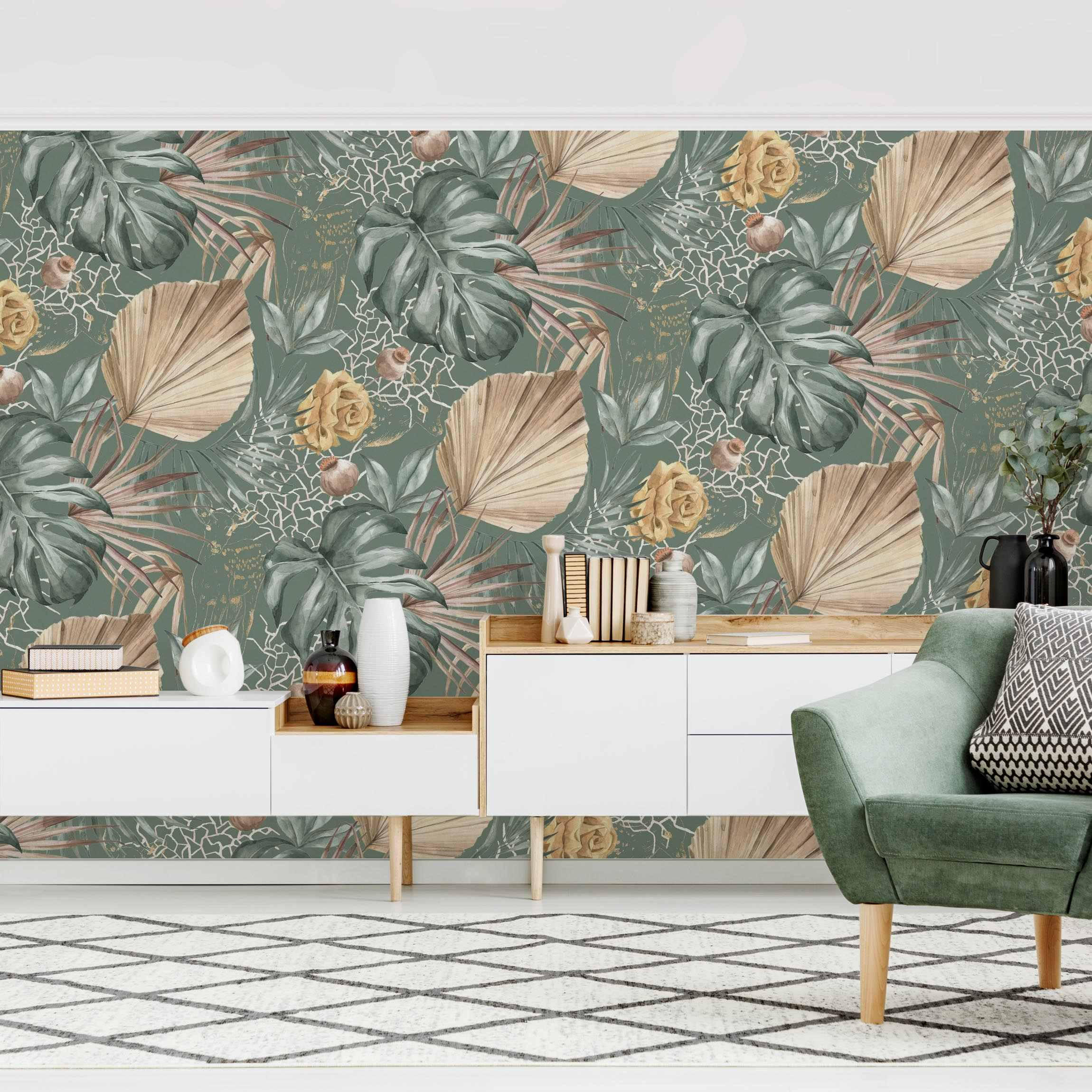 FOTOTAPETE Große Blätter mit Rosen vor Grün 432/290 cm - Grün, Papier (432/290cm) - Bilderwelten