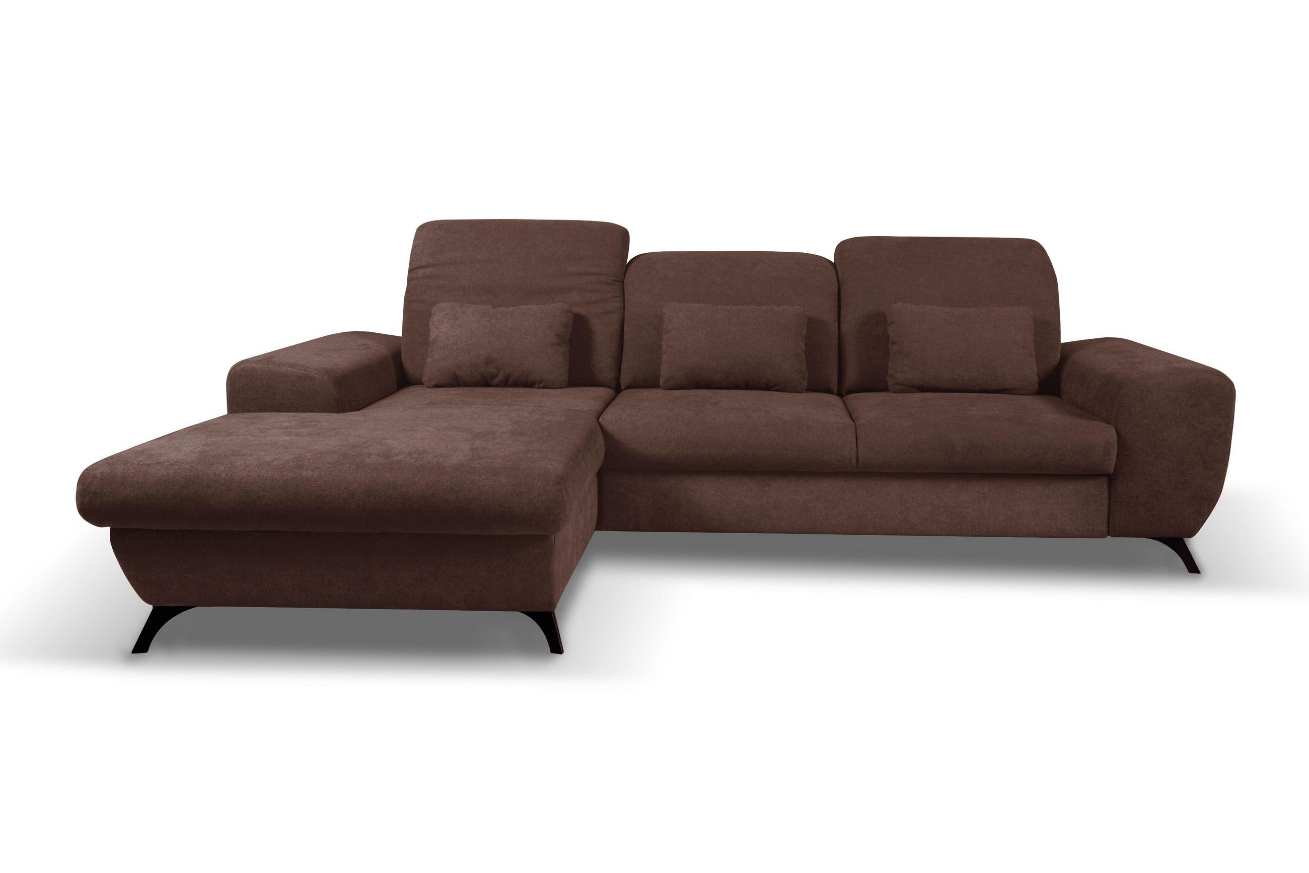 ECKSOFA LUCE L-S Braun Plüsch-Stoff mit Schlaffunktion - Braun, Holz (279/172cm) - MASSENO