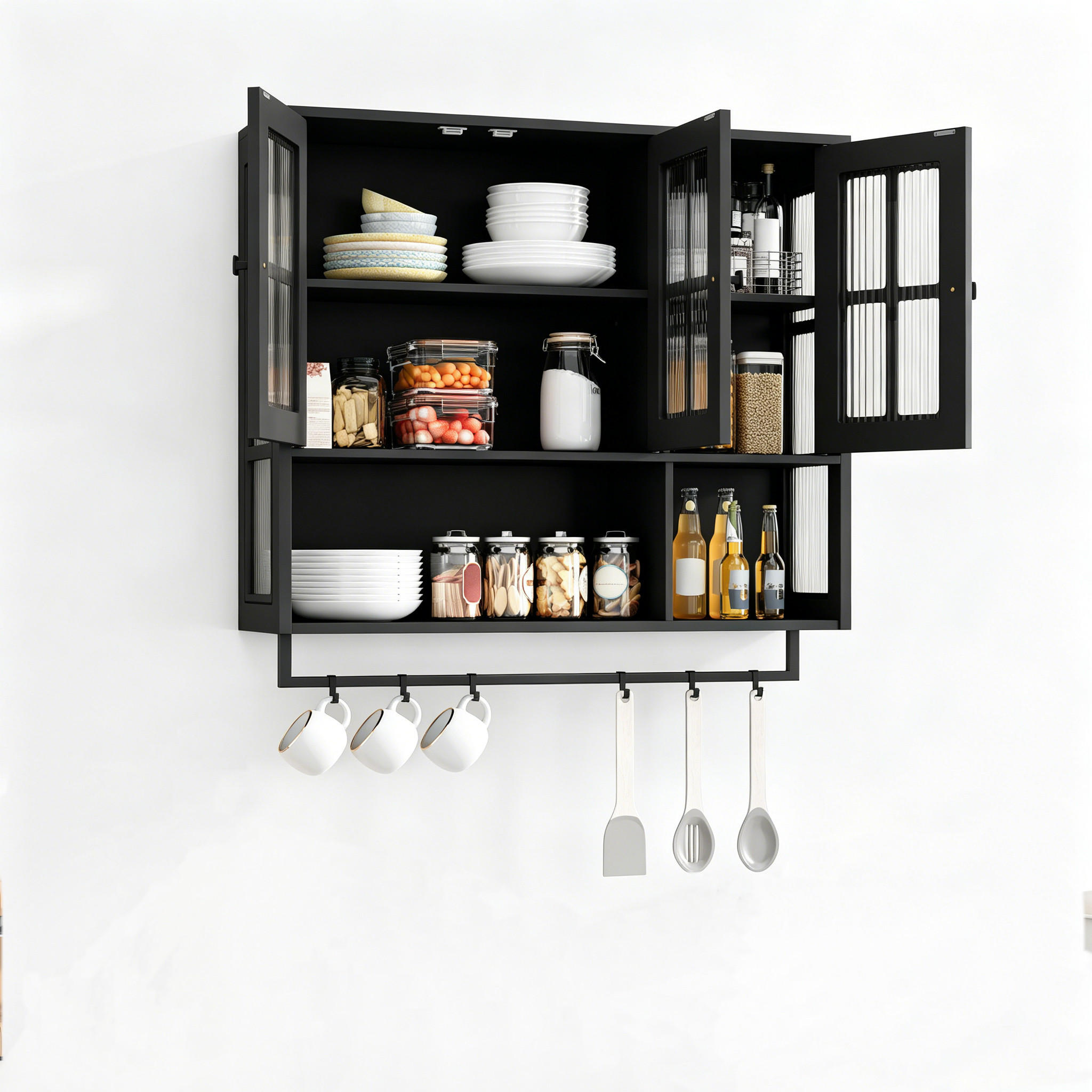 HÄNGESCHRANK in Schwarz mit 3 Türen und Handtuchhalter für Badezimmer und Küche, B88/T26/H82,5 cm - Transparent/Schwarz, Holzwerkstoff/Metall (88/82.5/26cm) - STILVORA