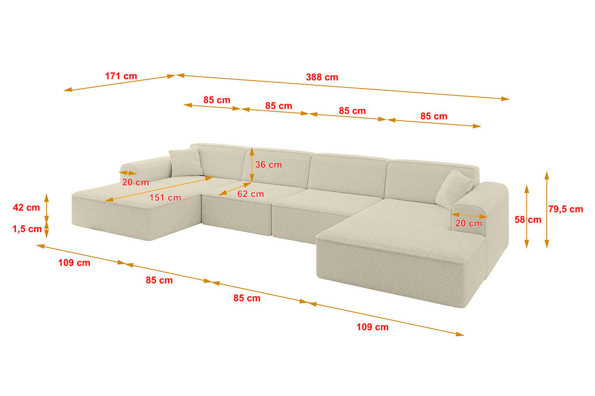 WOHNLANDSCHAFT IREA-U2-v3 - 388x171x79 cm Beige - Creme, Holzwerkstoff/Textil (388/79/171cm) - ALTDECOR