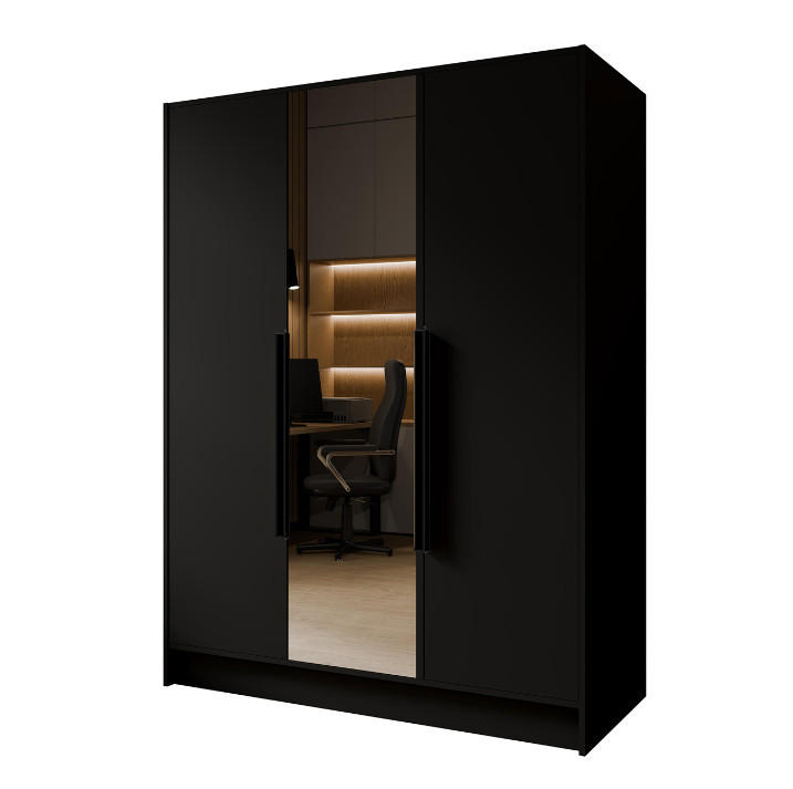 DREHTÜRENSCHRANK Goya II 150 cm mit Spiegel 3-türig, schwarz, schwarze Griffe - Schwarz, Kunststoff (51/200/150cm) - Margaret Hadas24