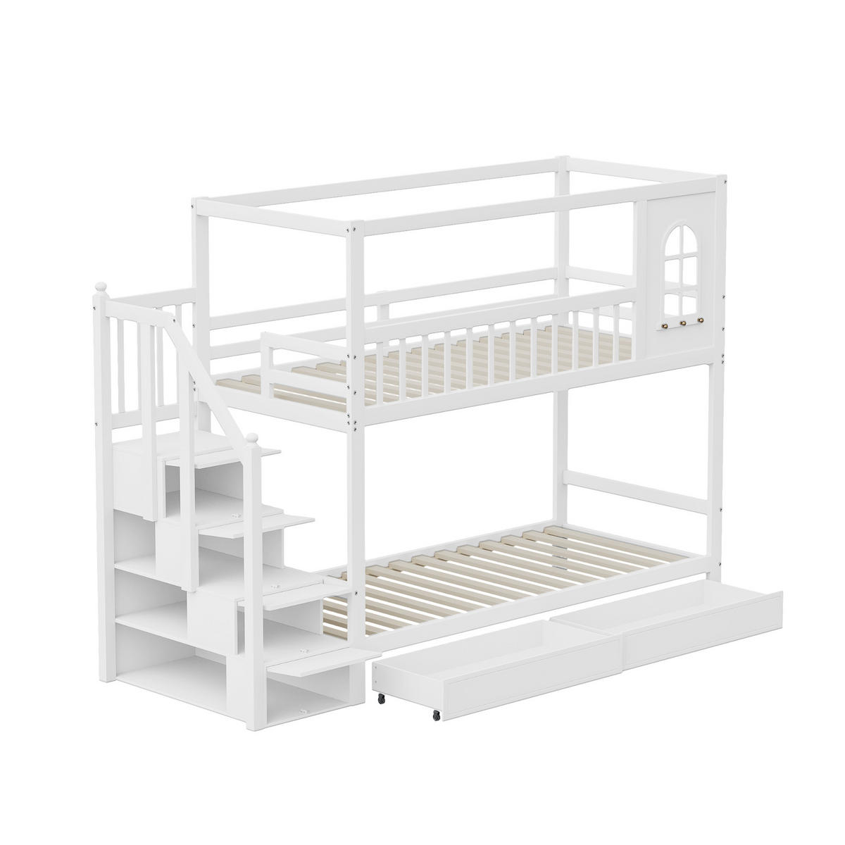 ETAGENBETT 90/200 cm weiß aus massivem Holz mit Sicherheitsleiter und Aufbewahrung - Weiß, Holz (90/200cm) - OKWISH