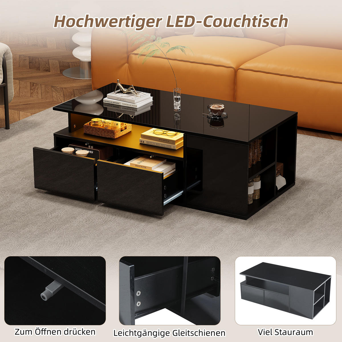 COUCHTISCH DE-141 mit LED Schwarz - Schwarz, Holzwerkstoff (50/100/35cm) - ComfortXL