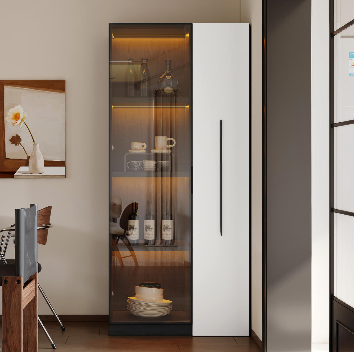 VITRÍNA, 70/40/160 cm, MDF černo-bílá, s LED osvětlením a bočním výsuvem - černá, kompozitní dřevo (70/160/40cm) - BEAOK