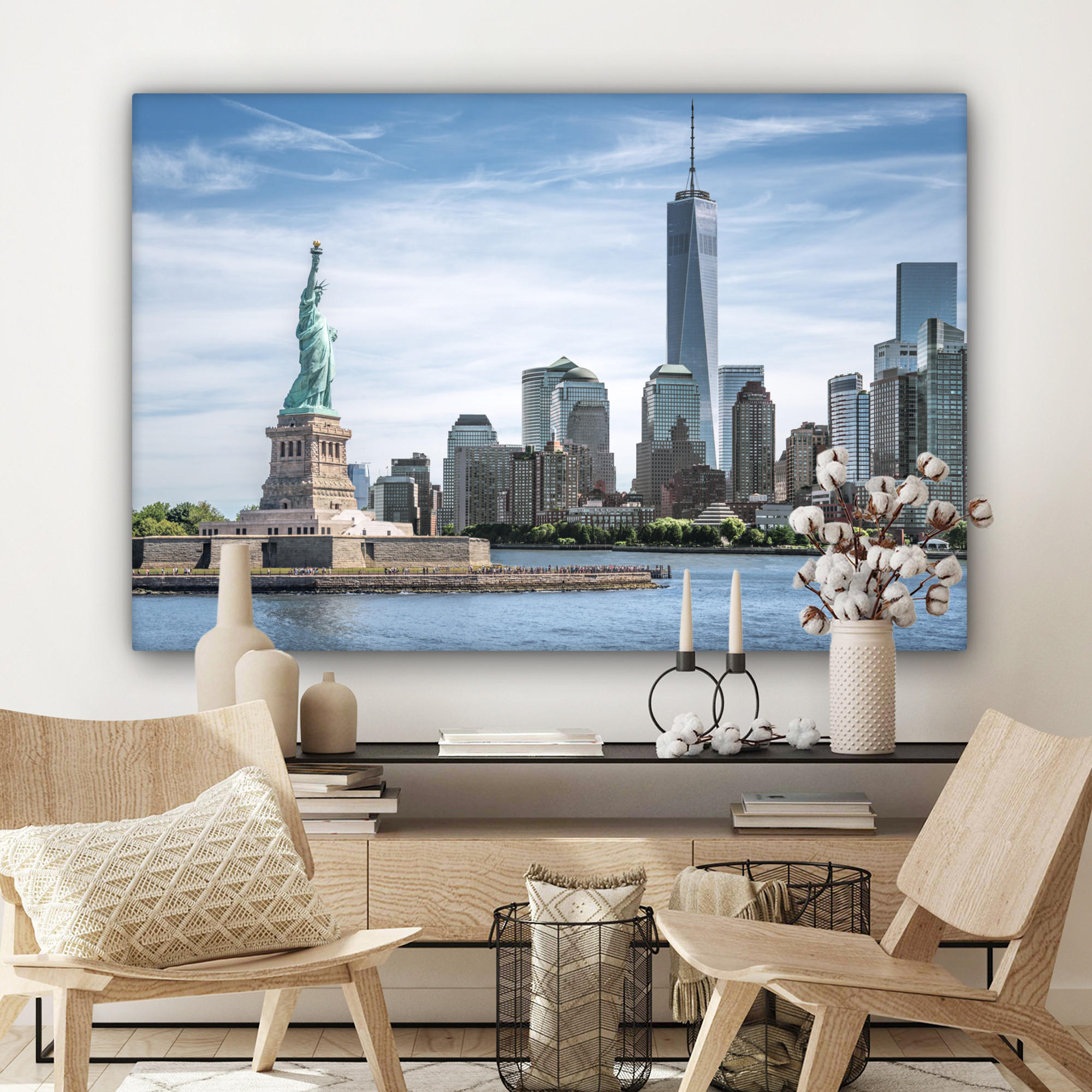 LEINWANDBILD New York - Freiheitsstatue - Wasser Groß 140x90 cm - Hellblau, Textil (140/90cm) - MuchoWow
