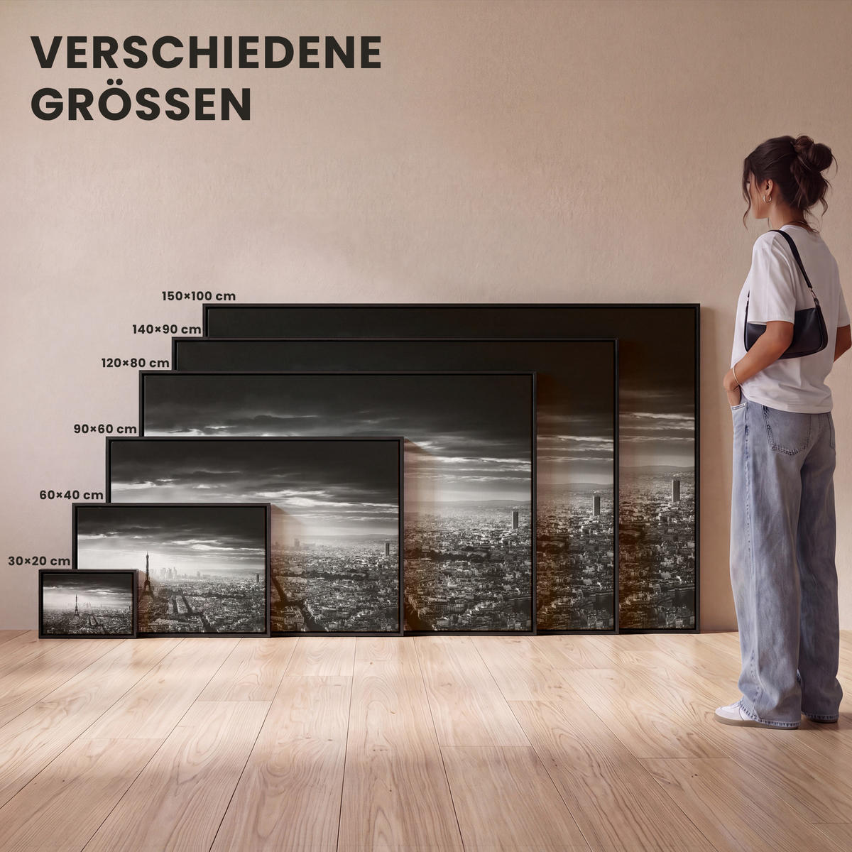 LEINWAND Bilder mit Rahmen - Paris - Skyline - Eiffelturm - Stadt - Wolken - 120x80 - Dunkelgrau, Textil (120/80cm) - MuchoWow