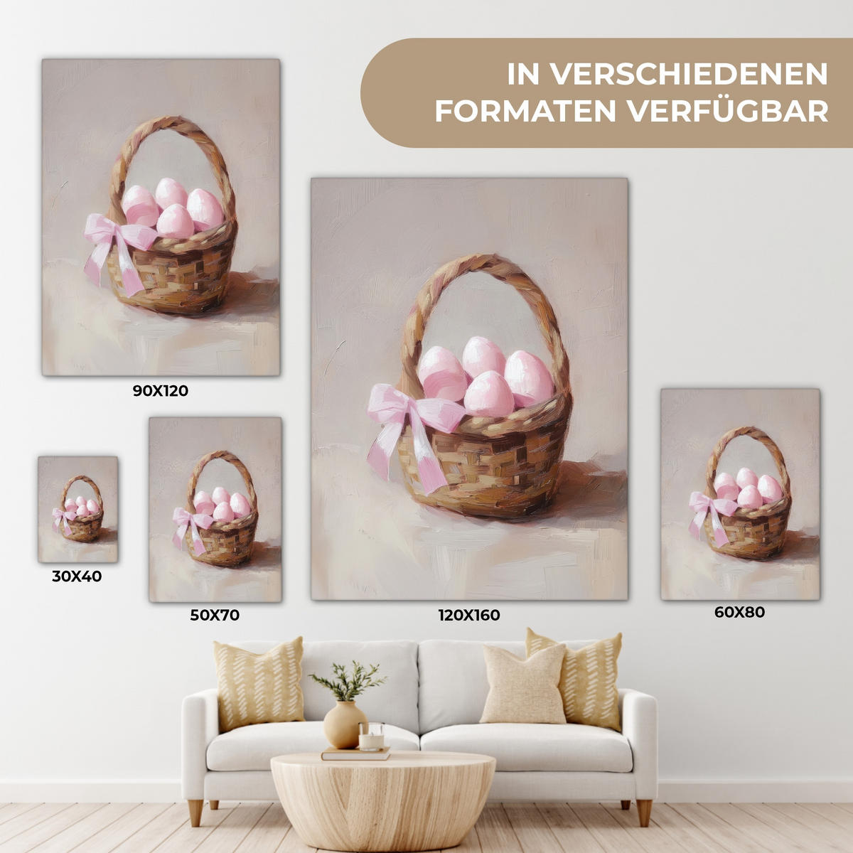LEINWANDBILD Korb - Eier - Rosa Wandbild Wohnzimmer 60x80 cm - Beige, Textil (60/80cm) - MuchoWow