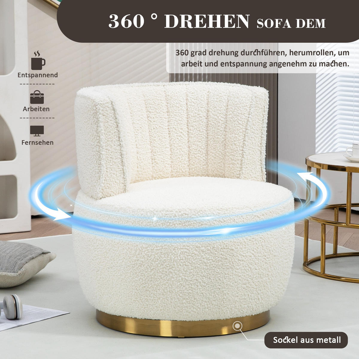 DREHSTUHL 360°Drehsessel,runde Sessel mit breiter Polsterung,Teddy,Weiß - Weiß, Metall (62/69/62cm) - LVHOM