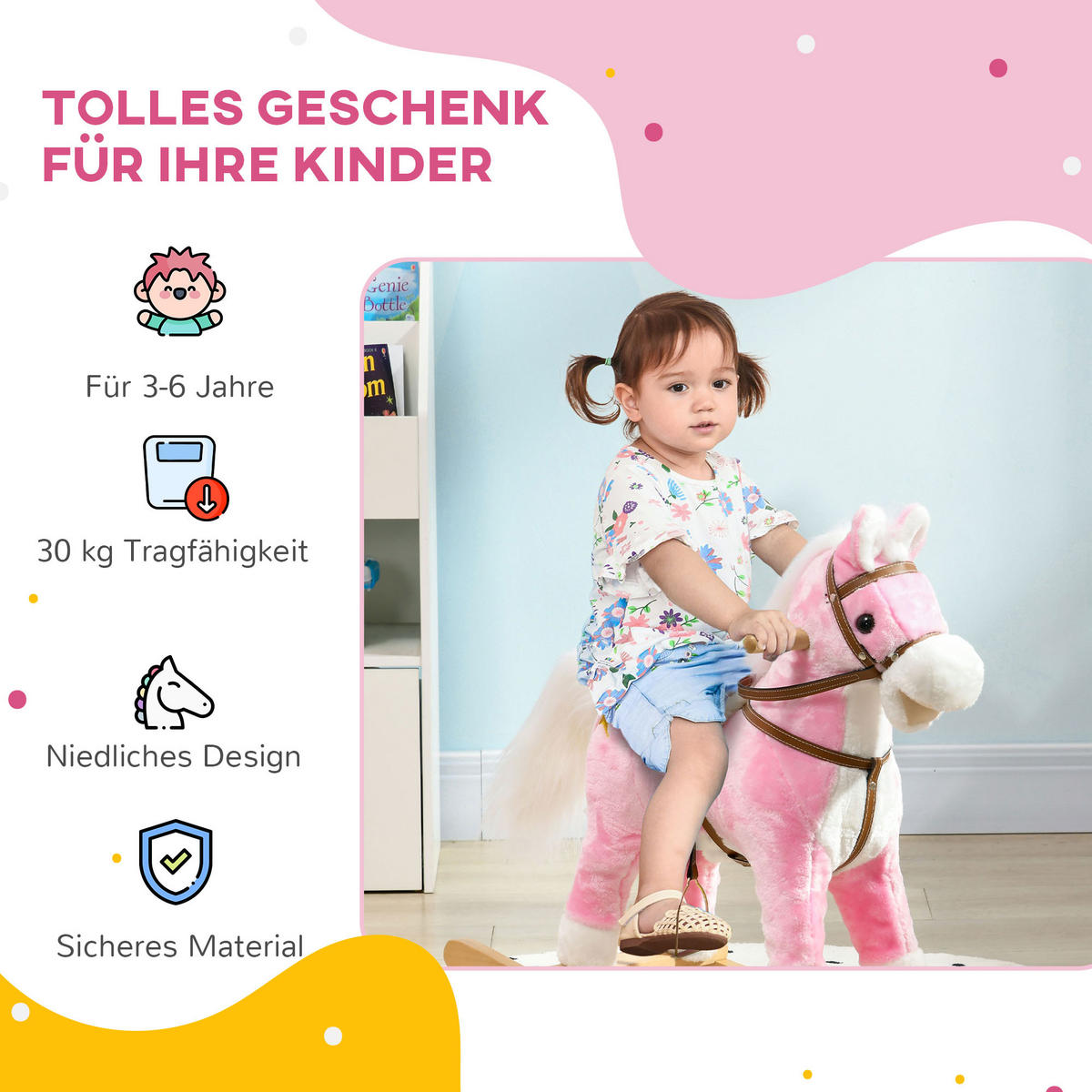 KINDER SCHAUKELTIER, Rosa, Pappelholz+ Plüsch (100% Polyester) - Rosa, Holz (26/62/68cm) - HOMCOM