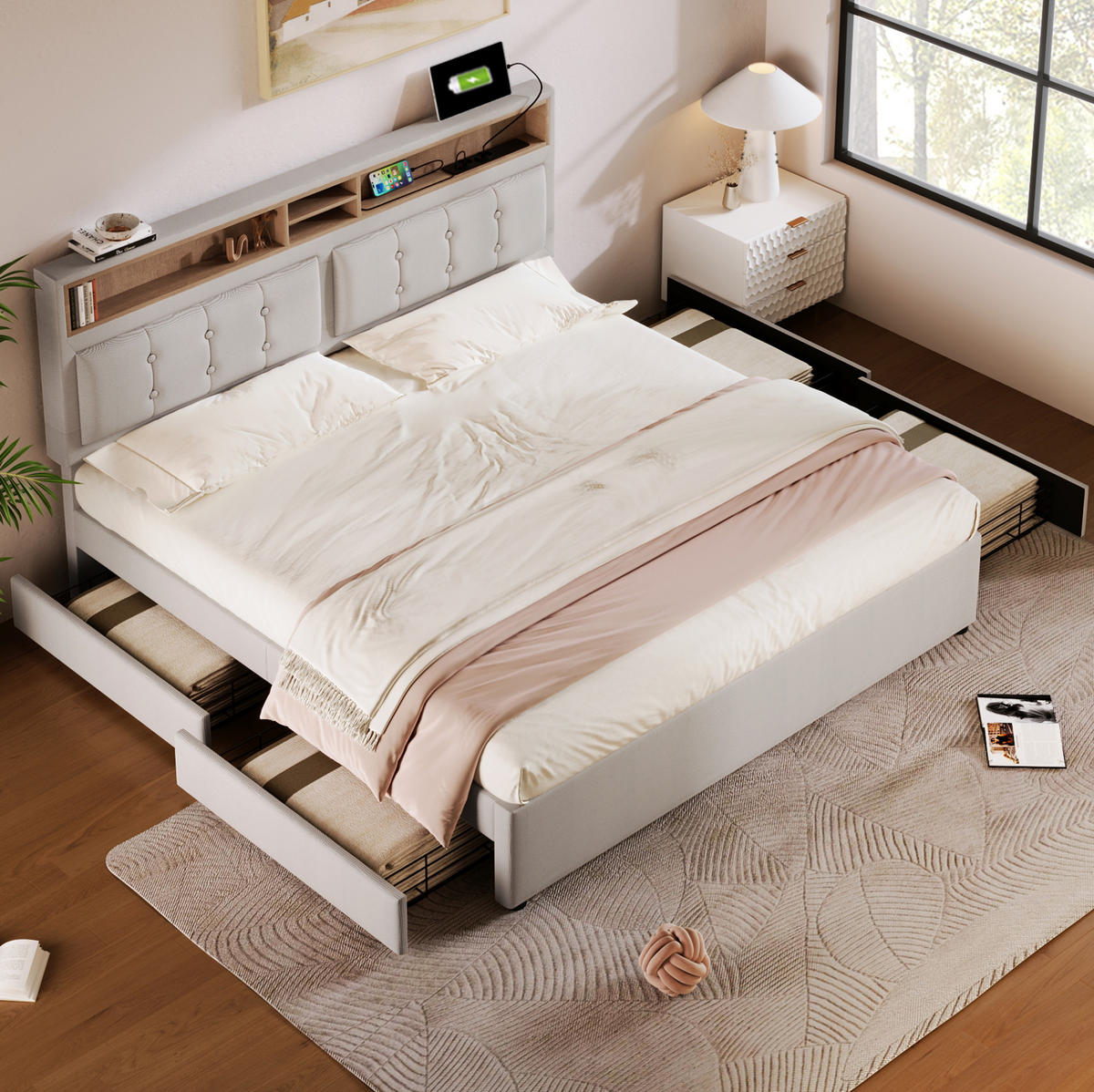 BETT mit 4 Schubladen und USB/Typ-C 140x200 cm Leinen Beige - Beige, Metall (140/200cm) - Meubliv