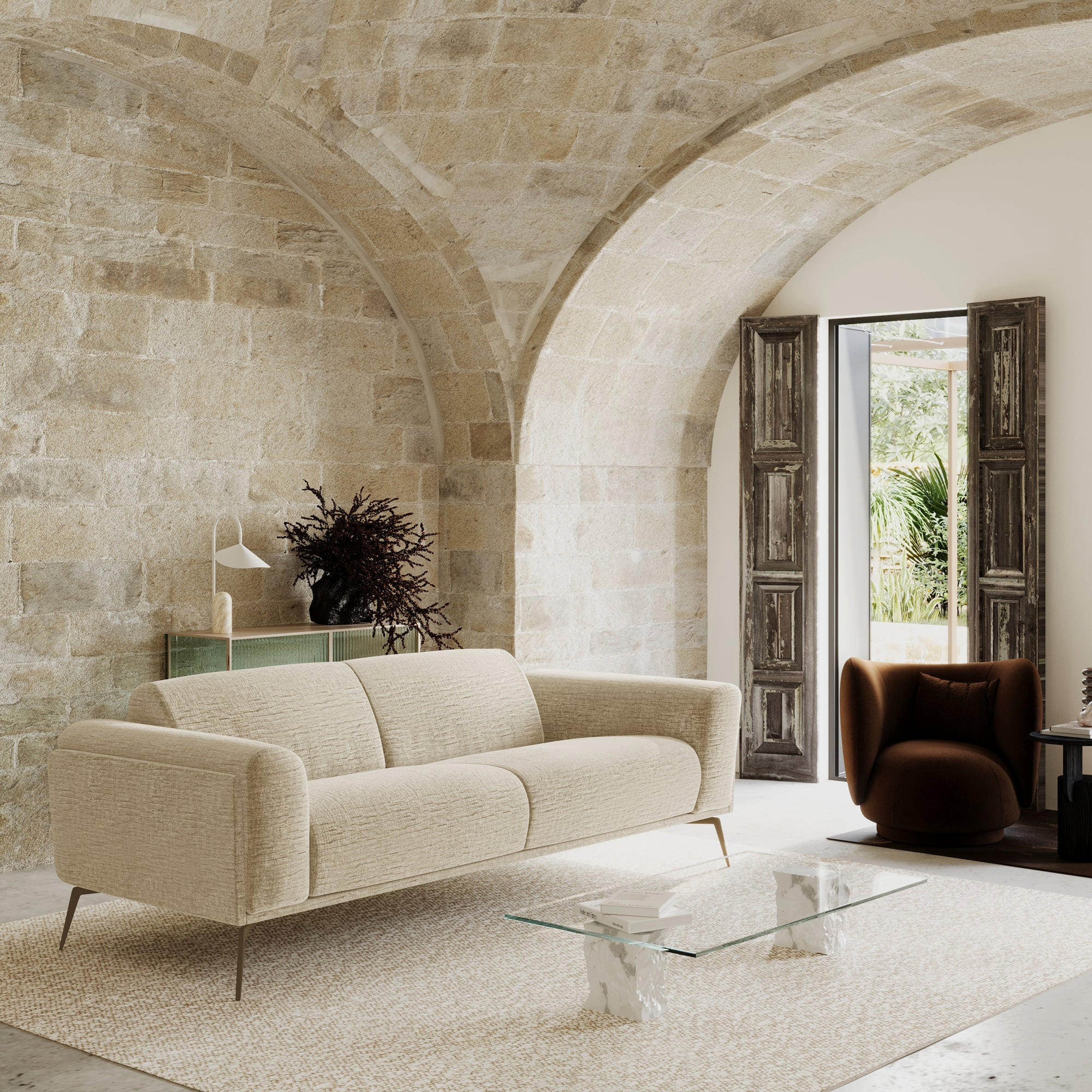 SOFA 3-SITZER Texturierter Samt Beige 220cm - Beige, Textil (220/74/90cm) - Sia Home