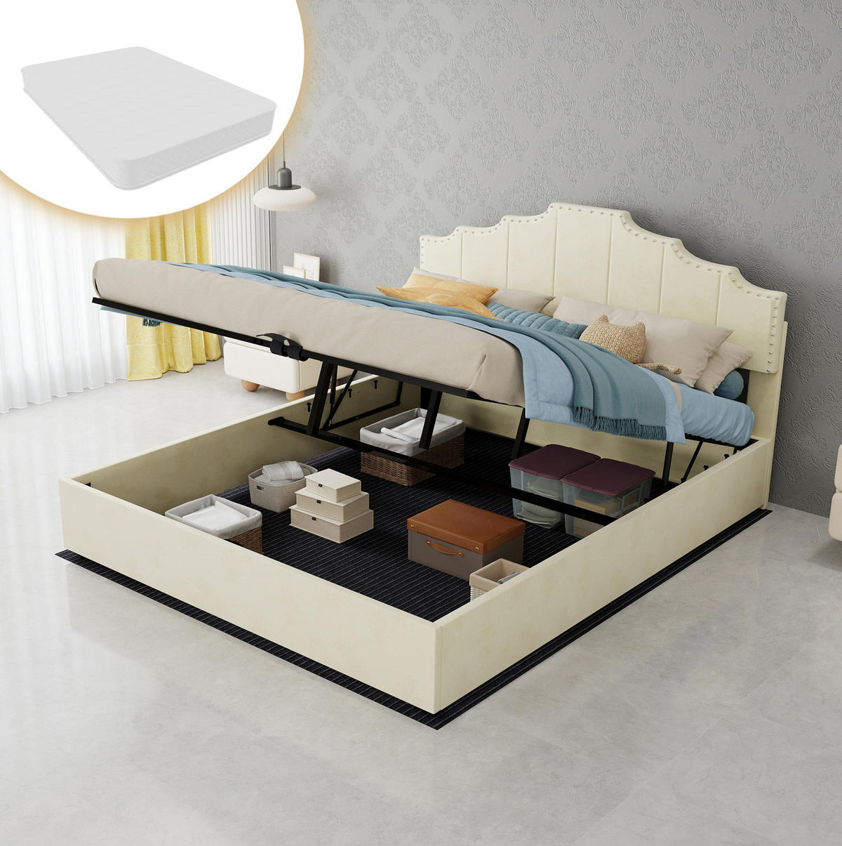 POLSTERBETT 160/200 cm mit Matratze, hydraulischem Bettkasten und geometrischem Kopfteil, Beige - Beige, Textil (160/200cm) - Redom