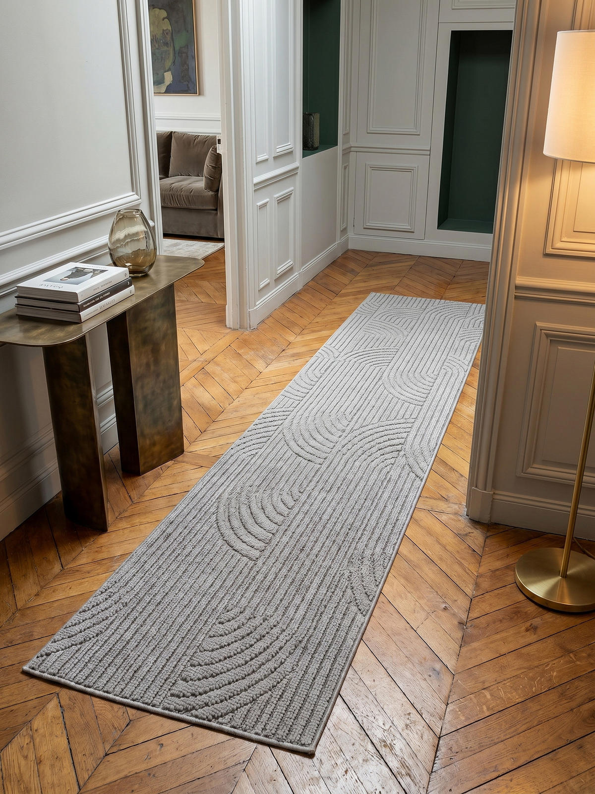 TEPPICH Flachgewebe LANGAU in Silber, mit geometrischen Bögen, 80 x 250 cm - Silberfarben, Textil (80/250cm) - KADIMA DESIGN