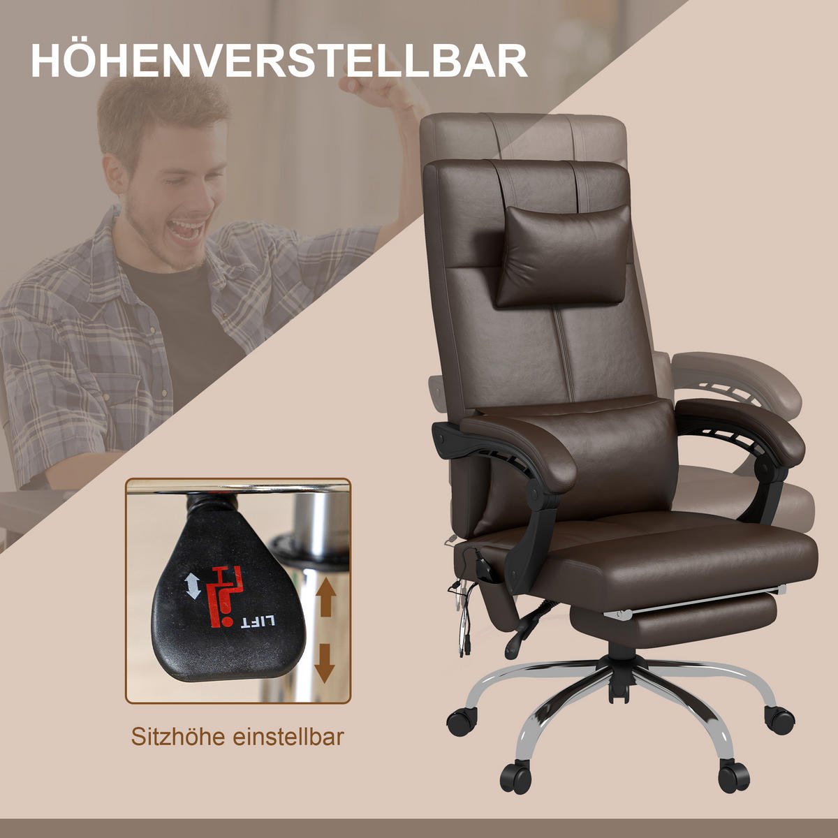 BÜROSTUHL mit Liegefunktion 66 x 67 x 123 cm Kaffee-Braun - Braun, Kunststoff (66/123/67cm) - Vinsetto