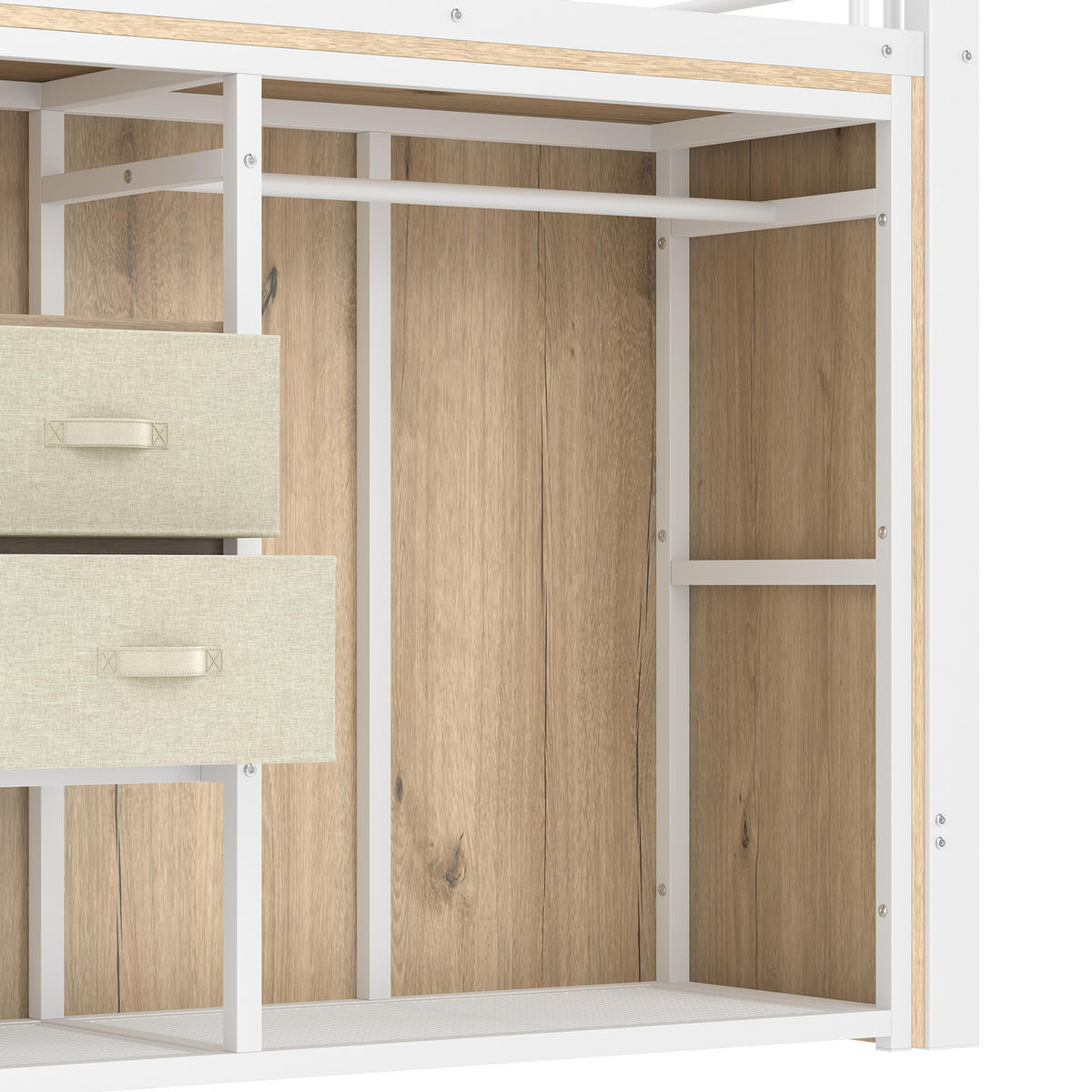 HALBHOHES BETT 90x200cm Weiß 2 Schubladen Kleiderschrank LED-Licht - Weiß, Metall (90/200cm) - FLIEKS