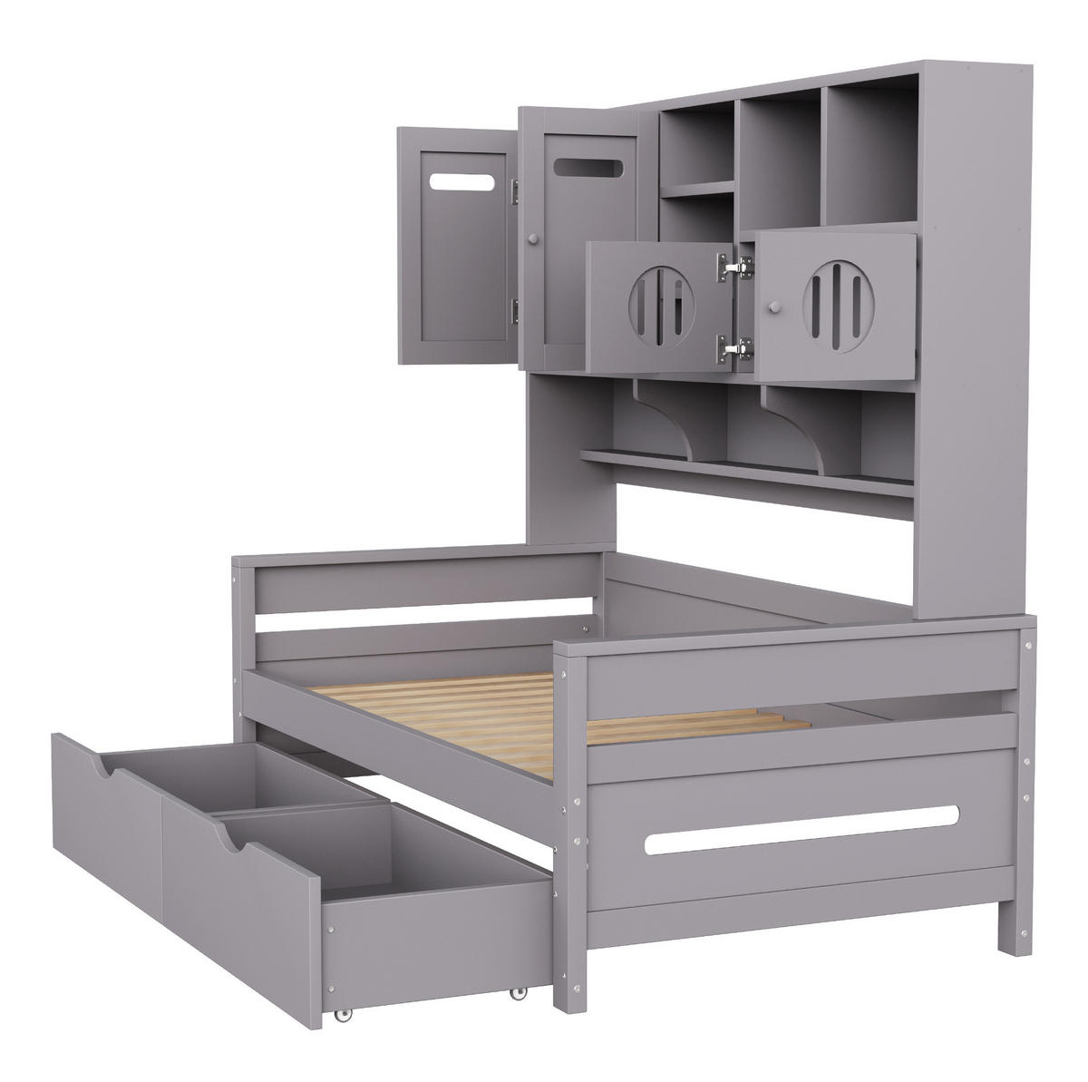 BETT 90/200 cm mit Stauraum und Schubladen Kiefernholz Grau - Grau, Holz (90/200cm) - OKWISH
