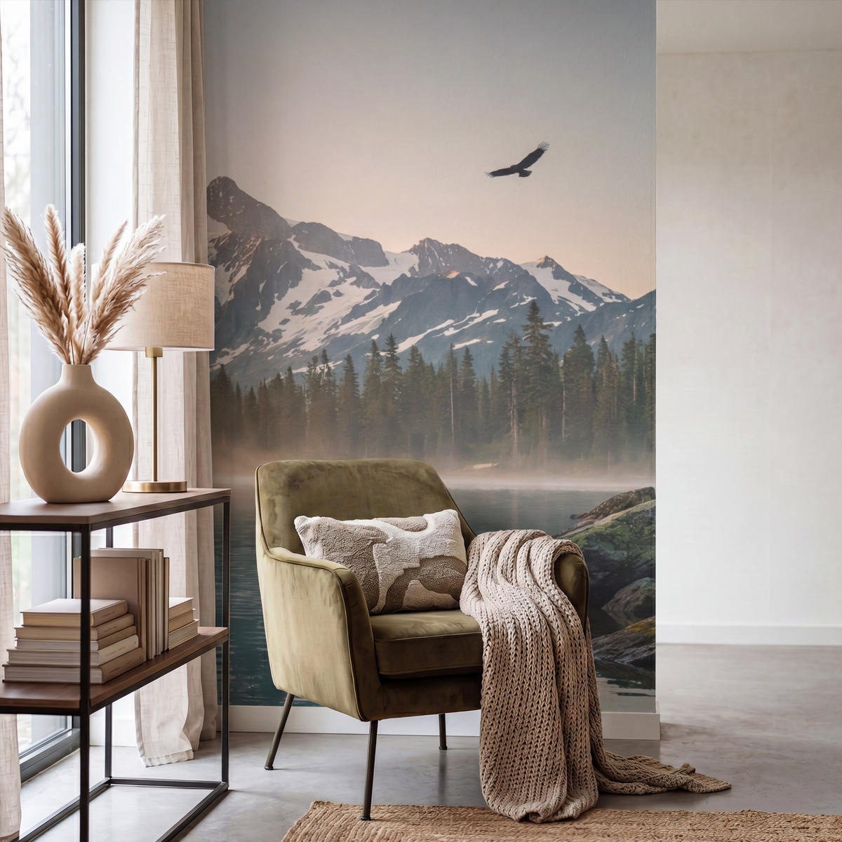TAPETE - Berge - Wasser - Bäume - 140x220 cm - Multicolor, Papier (140/220cm) - OnlyWow