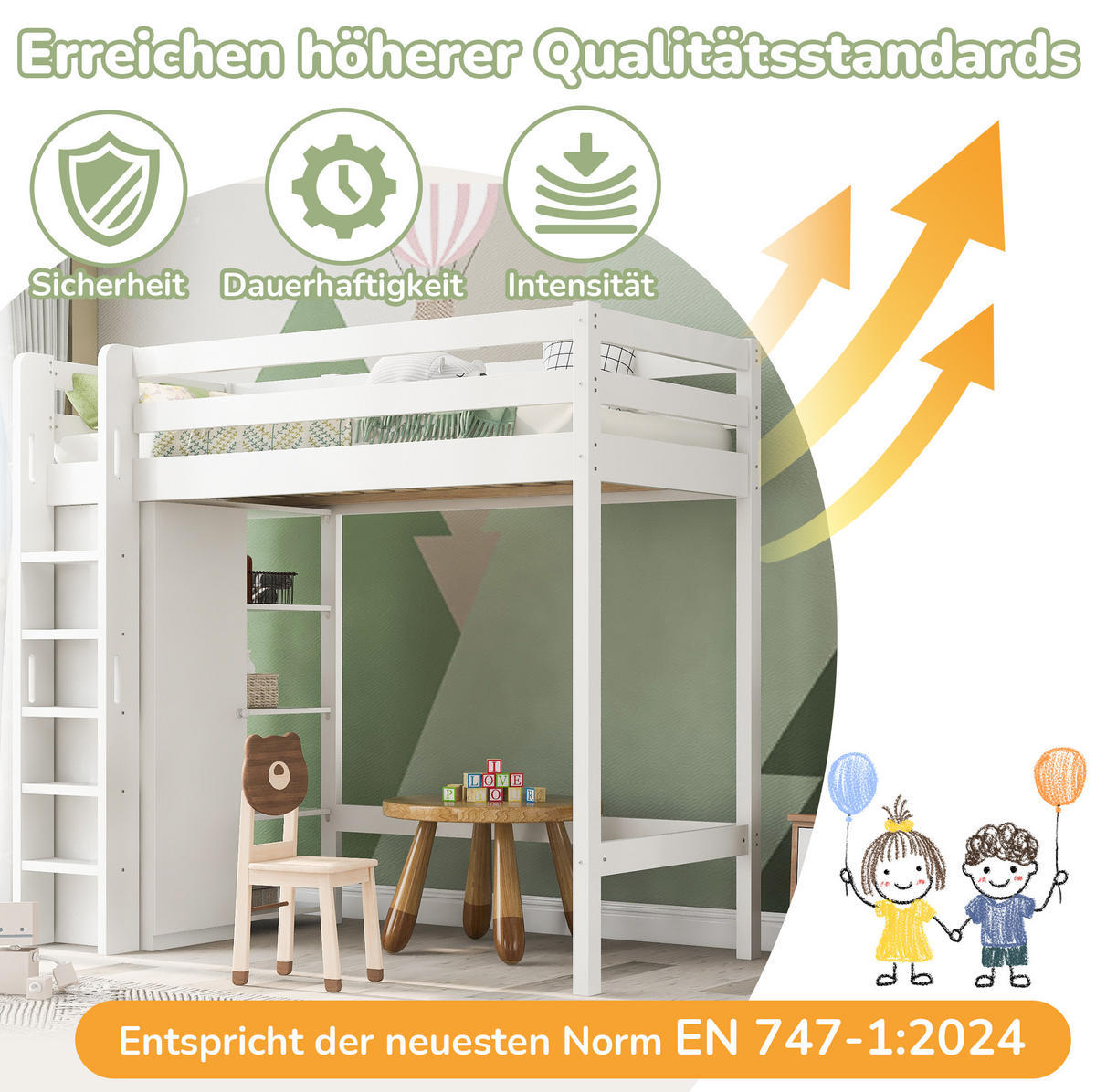 HOCHBETT 90/200 cm mit Kleiderschrank, 6 Regalen und flexibler Montage aus Massivholz und Spanplatte, Weiß - Weiß, Holzwerkstoff - Redom
