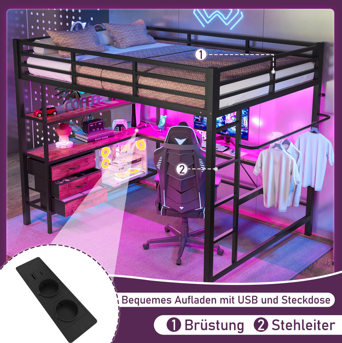 HOCHBETT 140/200 cm aus Metall/MDF mit Schreibtisch, LED-Beleuchtung und 3 Schubladen Schwarz - Schwarz, Metall (140/200cm) - Modenvie