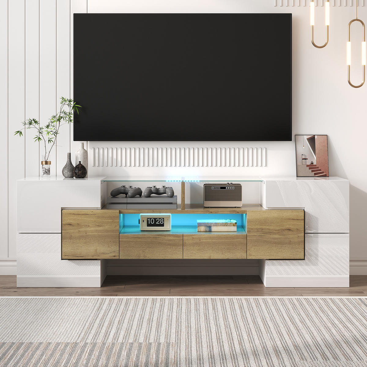 LOWBOARD 145/30/51 cm in Weiß mit LED-Beleuchtung und 6 Türen - Weiß, Holzwerkstoff (145/51/30cm) - Flora Grace
