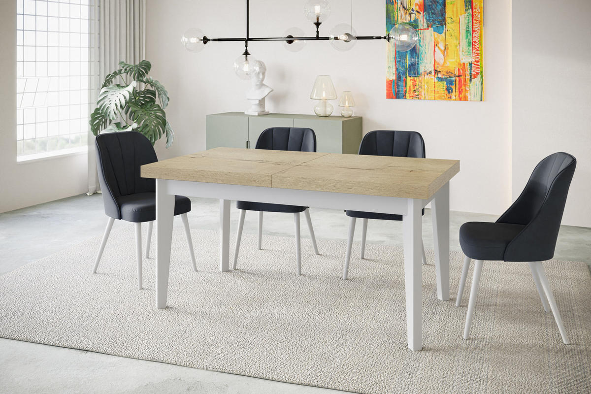 ESSZIMMERTISCH SKANDI, ausziehbarer Tisch: 140-180X80X78 cm, Farbe: HALIFAX, mit Holzbeinen in Farbe Weiß - Weiß/Naturfarben, Holzwerkstoff (140/80/78cm) - Alpi-Möbel