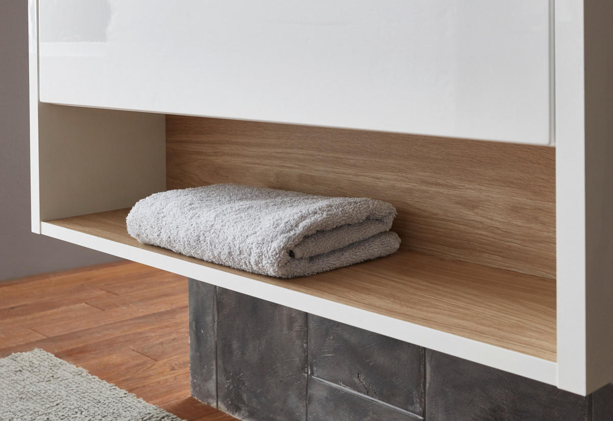 WASCHTISCH weiß Hochglanz, Eiche 80 cm, Waschbeckenunterschrank mit Waschbecken - Weiß Hochglanz, Holzwerkstoff (80/44/47cm) - Furn.Design