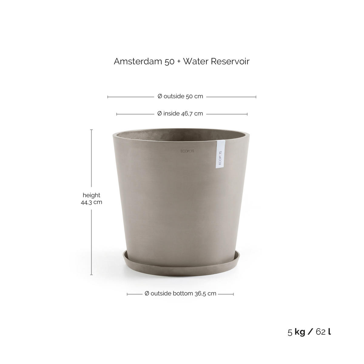 BLUMENTOPF mit Wasserreservoir Amsterdam 50/44,3 cm Taupe - Taupe, Kunststoff (50/44.3cm) - Ecopots