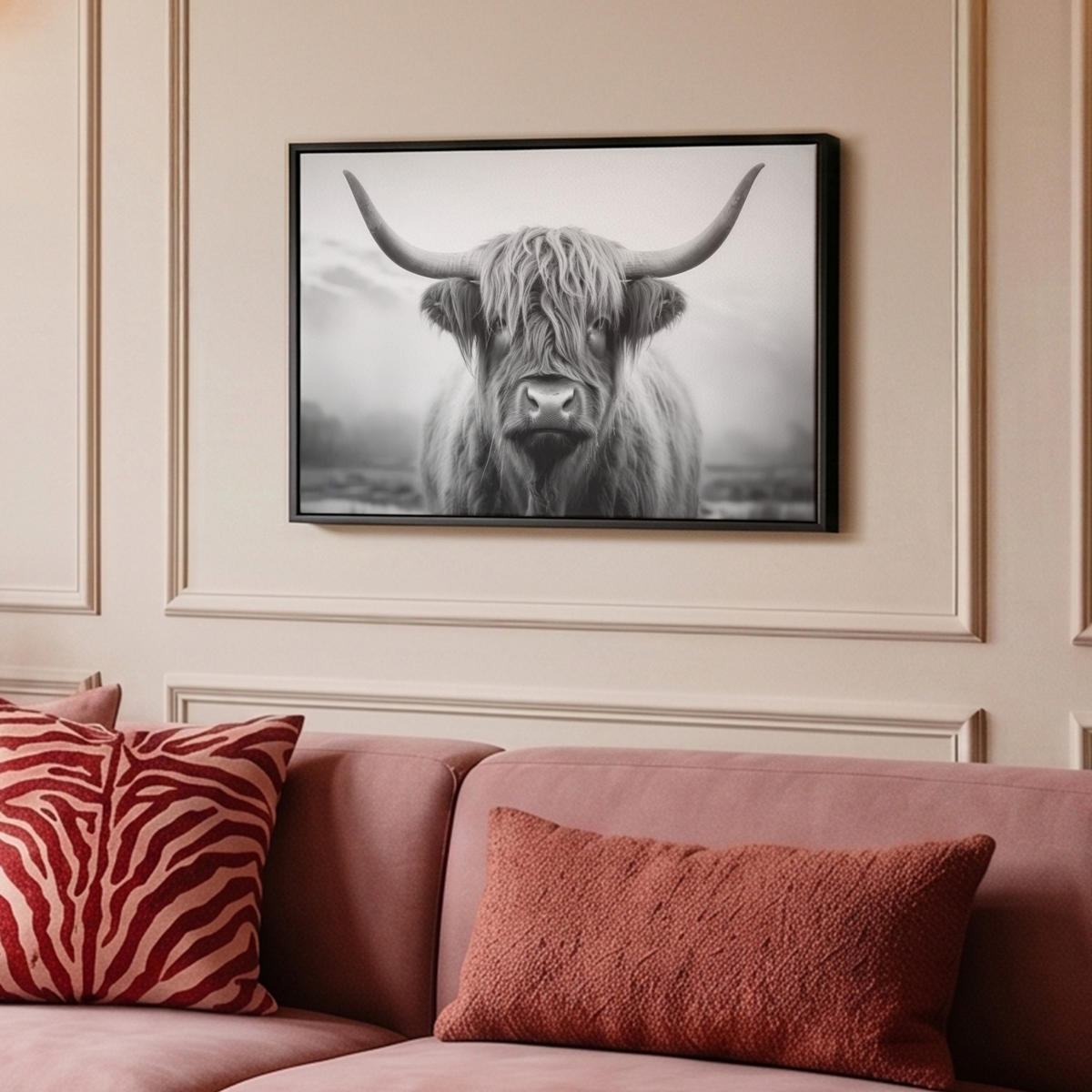 LEINWAND Bilder mit Rahmen - Schottischer Highlander - Nebel - Schwarz - Weiß - 60x40 - Grau, Textil (60/40cm) - MuchoWow