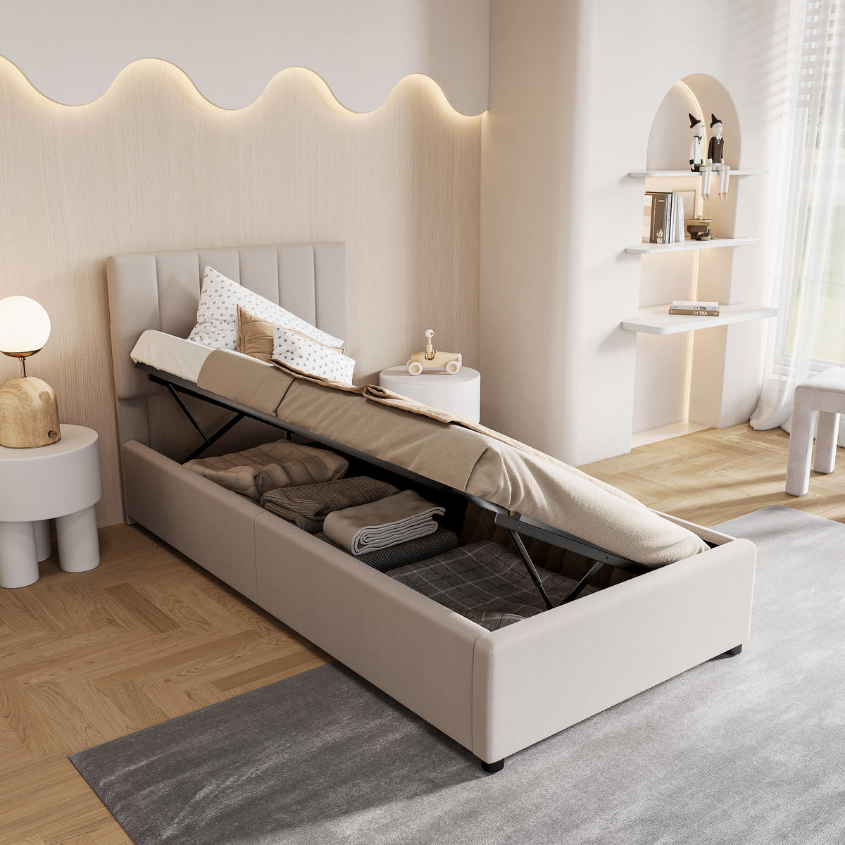 JUGENDBETT 90x200 cm Bettkasten Leinen beige - Beige, Holz (90/200cm) - LEBENLANG