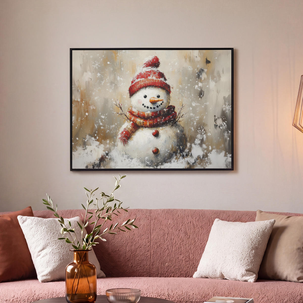 LEINWAND Bilder mit Rahmen - Schneemann - Winter - Schnee - Beige - 70x50 - Weiß, Textil (70/50cm) - MuchoWow