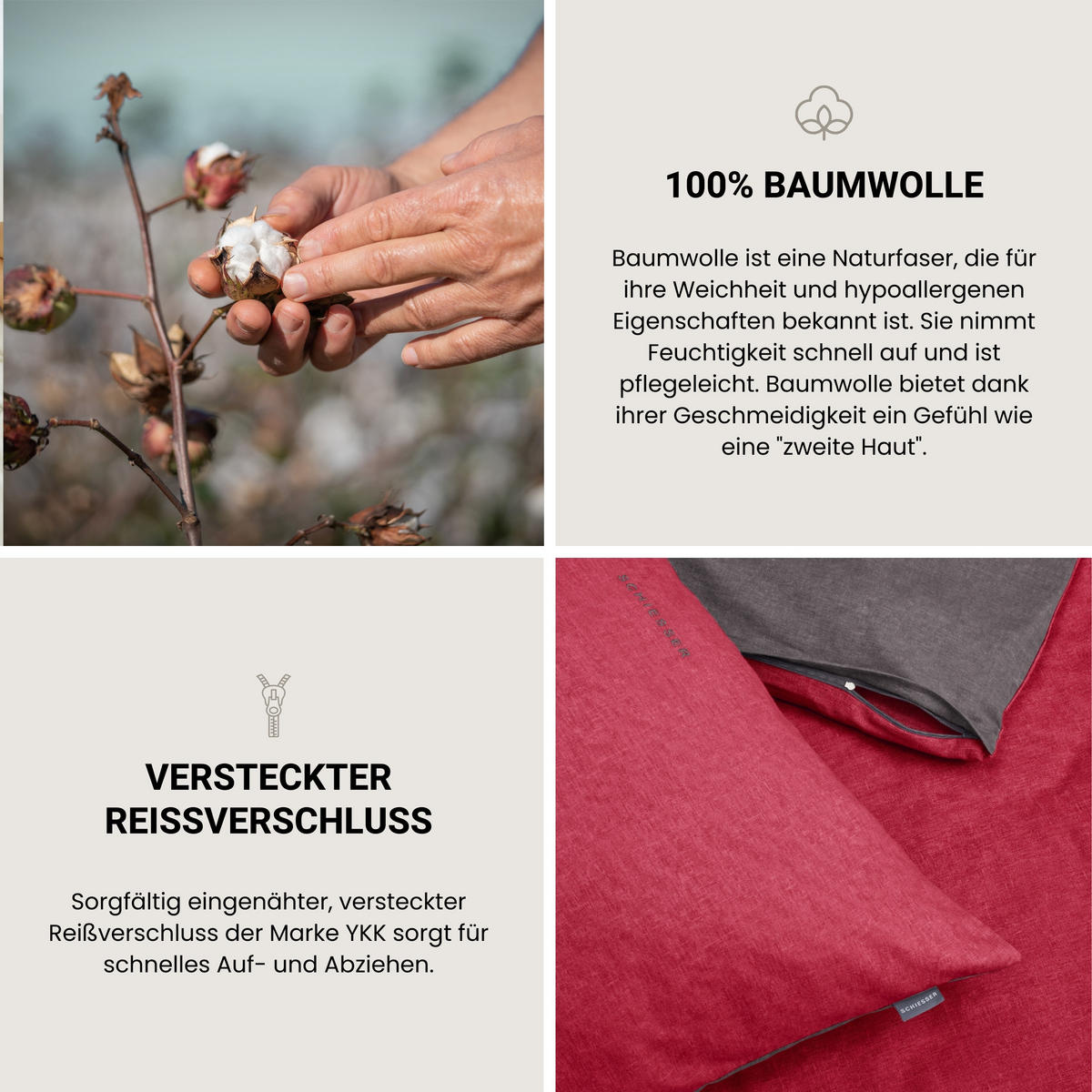 BETTWÄSCHESET Doubleface - Feinbiber - 2-teilig - 155 x 220 cm - Rot-Dunkelgrau - Dunkelgrau, Textil (155/220cm) - SCHIESSER