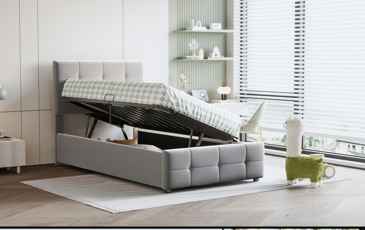 KINDERPOLSTERBETT 90/200 cm Grau aus Samtstoff mit Stauraum - Grau, Textil (90/200cm) - OKMYHOME