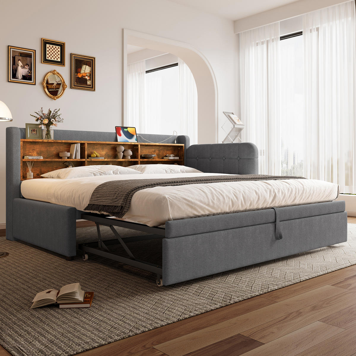 POLSTERBETT 90/180x200 cm Grau aus Leinen mit USB- und Type-C-Anschlüssen - Grau, Textil (90/200cm) - Flora Grace