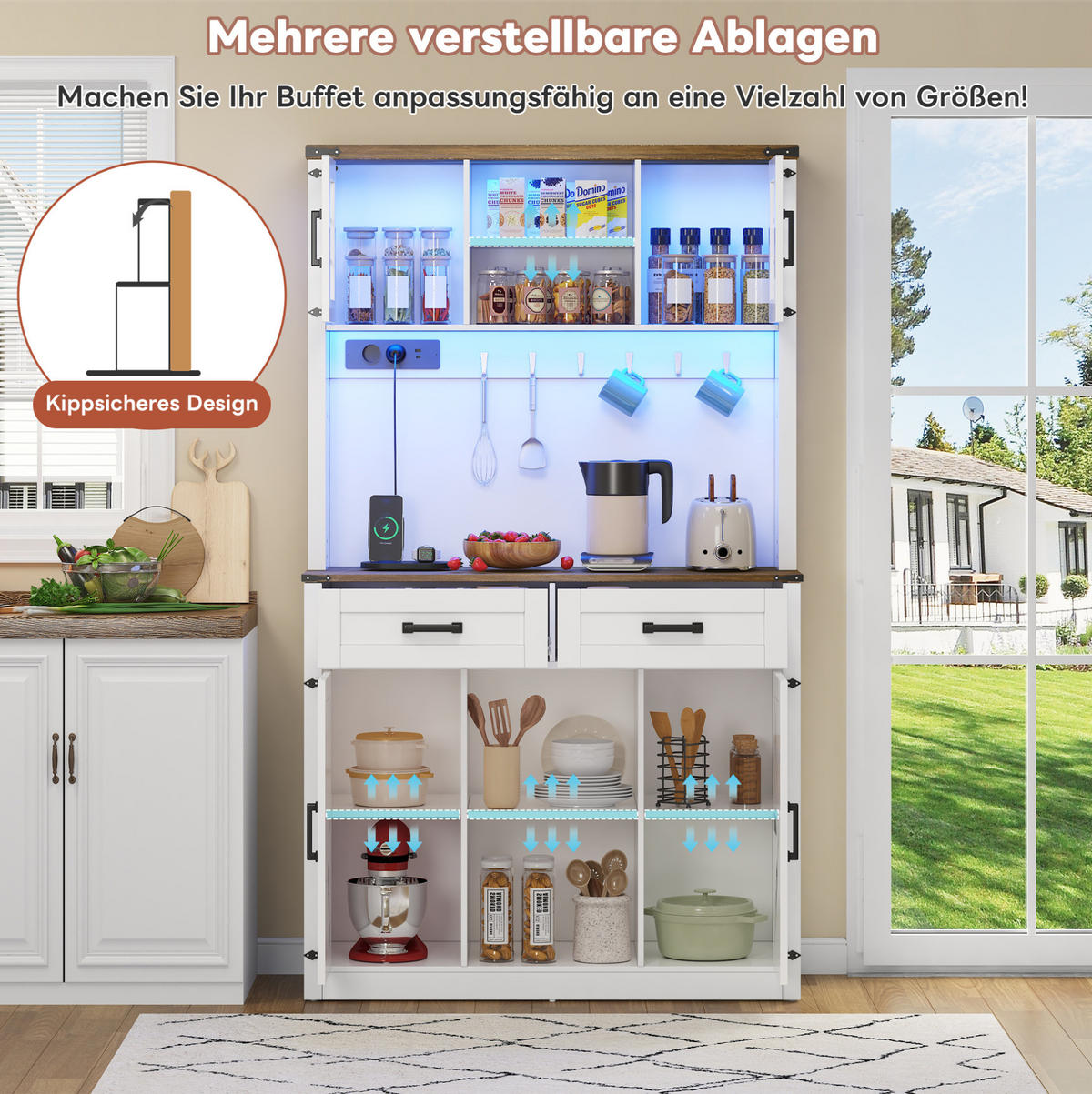 BUFFET aus MDF 100x40x172 cm Braun-Weiß mit LED-Beleuchtung, Steckdosen, USB-C und verstellbaren Einlegeböden im Scheunentor-Design - Braun, Holzwerkstoff (100/172/40cm) - Modfu