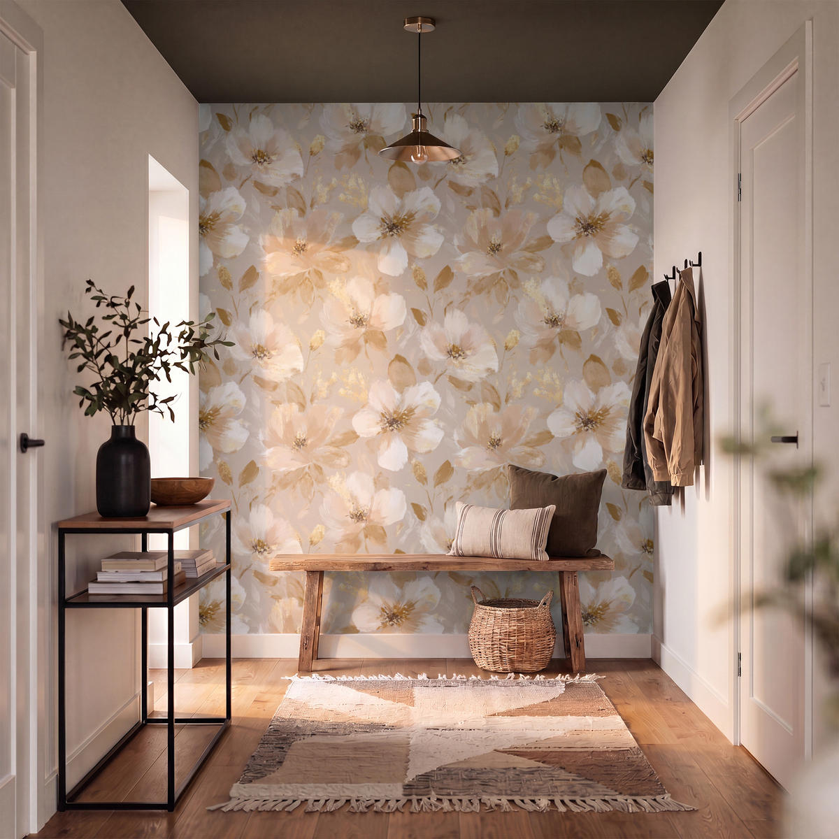 TAPETE - Blumen - künstlerisch - Gold - 160x200 cm - Beige, Papier (160/200cm) - OnlyWow