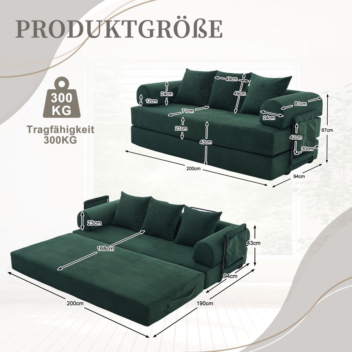 SOFA 200/94/67 cm aus Cord mit Metallgestell und 3 Kissen Emerald - Smaragdgrün, Textil (94/67/200cm) - Modenvie