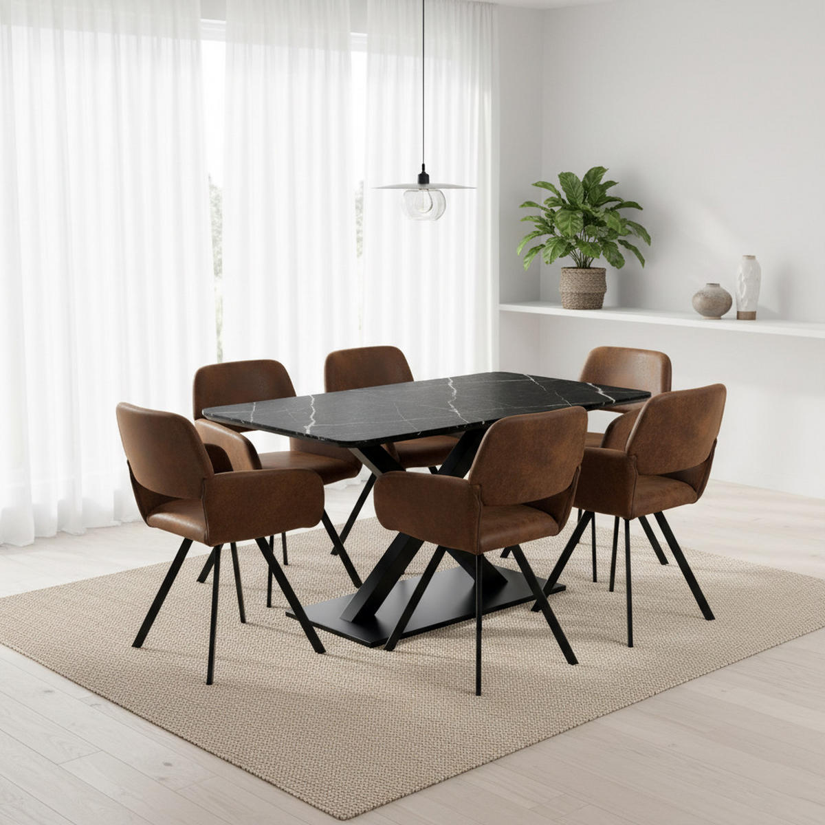 TISCHGRUPPE 7-teilig Ausziehtisch Schwarz Marmoroptik & 6x 360° Drehstühle in Vintage Braun - Schwarz, Holzwerkstoff/Textil (160/75/80cm) - Urban Meuble