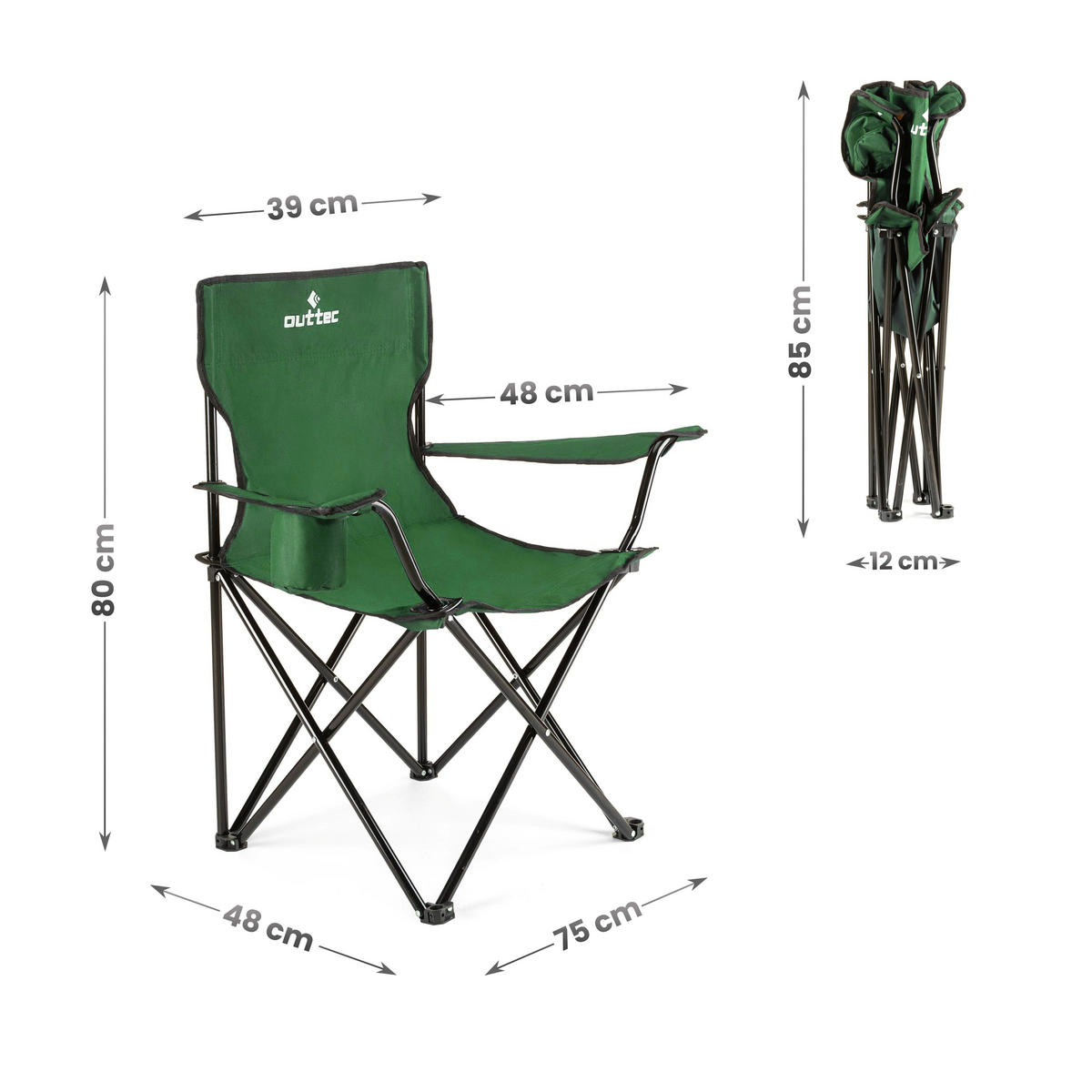 GARTEN-RELAXSESSEL bis 125kg, mit Getränkehalter & Tragetasche - Grün, Textil (75/80/50cm) - Outtec