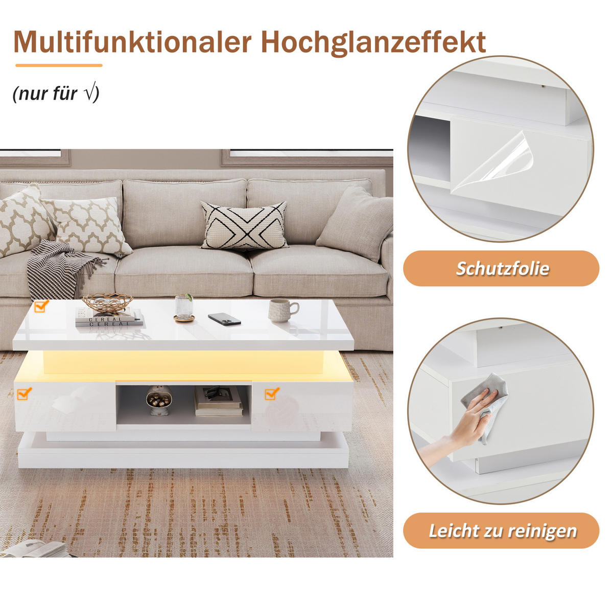 COUCHTISCH 100/50/40 cm in Weiß, höhenverstellbar mit LED-Beleuchtung - Weiß, Holzwerkstoff (100/50/40cm) - Flora Grace