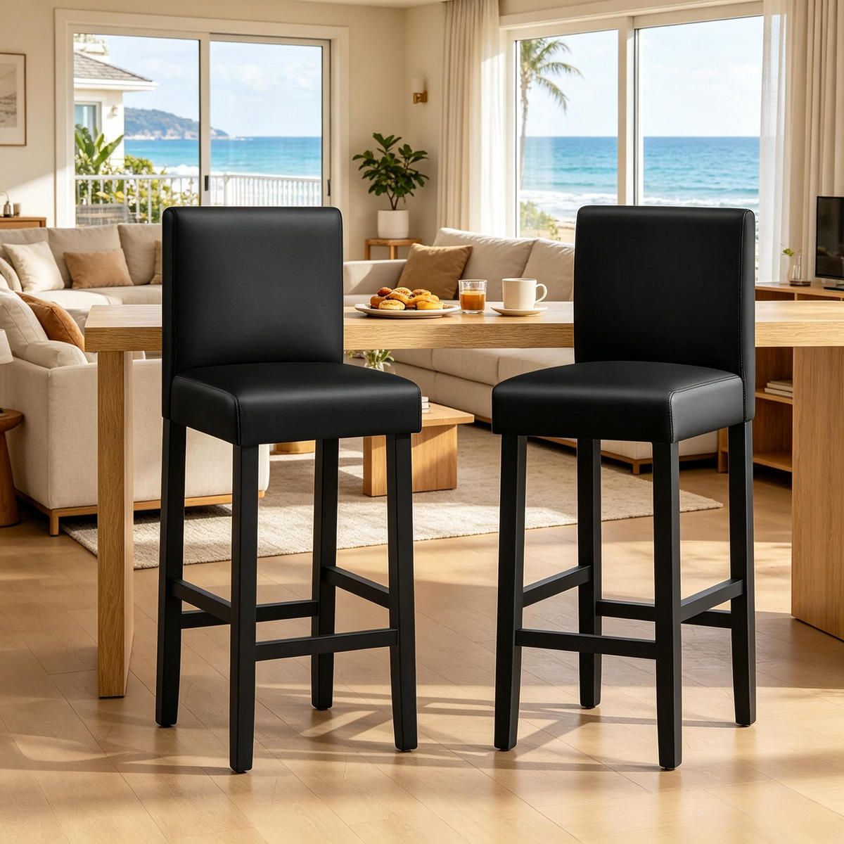 BARHOCKER Schwarz 2er-Set mit Rückenlehne und Fußstütze - Schwarz, Holz (48/110.5/41.5cm) - PANGIVO