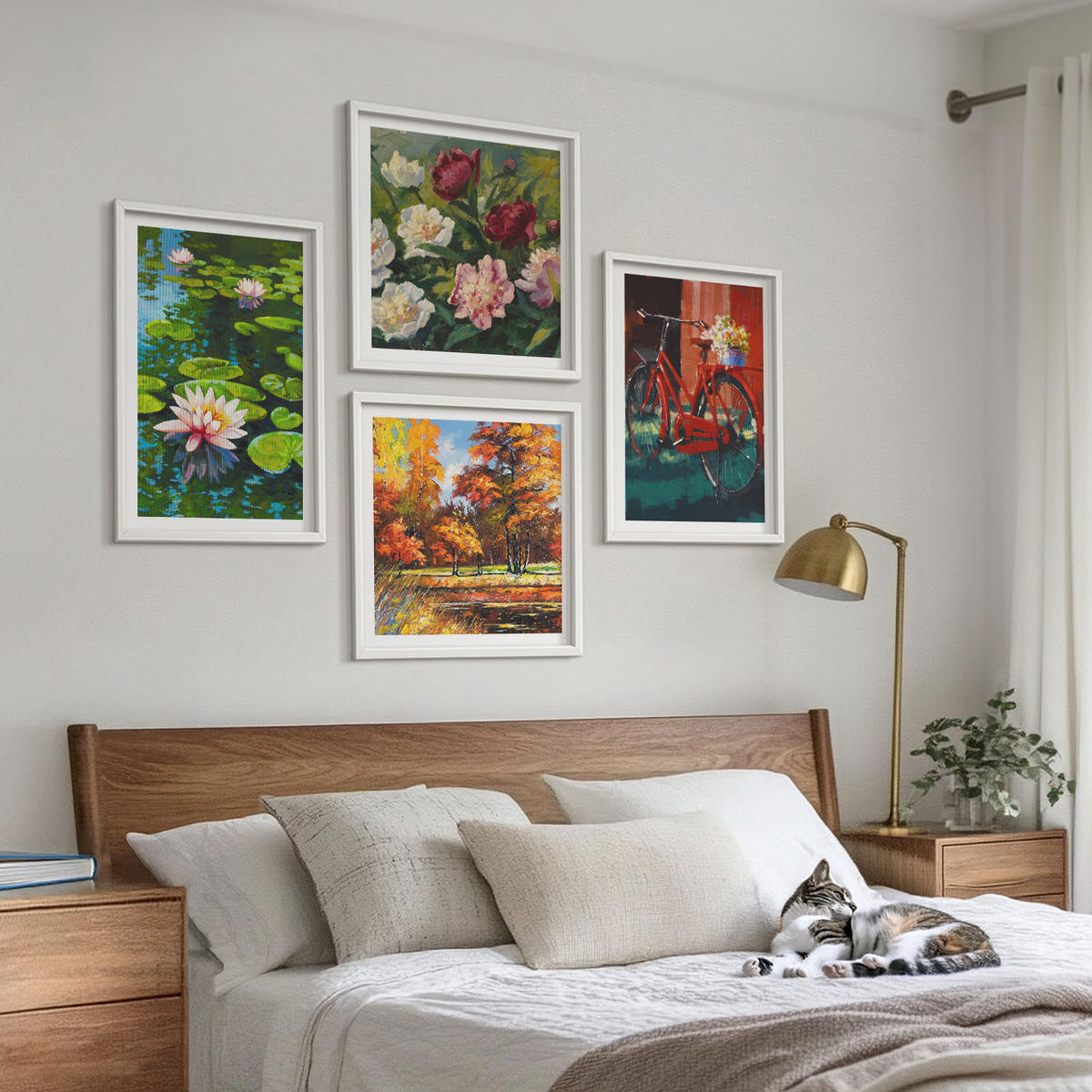 WANDBILDER 4er-Set - 50x50 cm & 40x60 cm Weißer Rahmen - Herbstfarben Seerosenteich - Weiß, Kunststoff (50/50cm) - ArtPrintCave