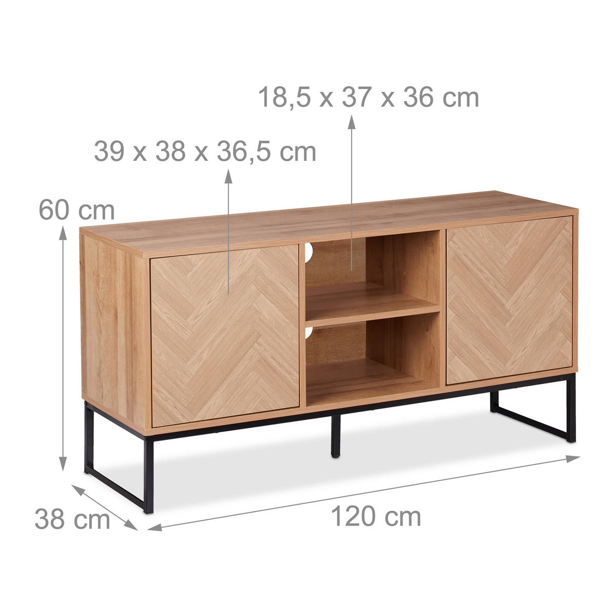 TV-LOWBOARD - Hellbraun, Holzwerkstoff/Metall (120/60/38cm) - Relaxdays