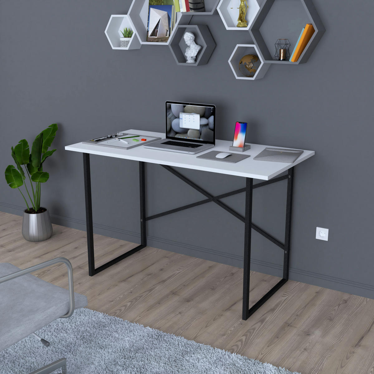 SCHREIBTISCH Tjeldsund - Schwarz/Weiß, Holzwerkstoff/Metall (60/120/75cm) - [en.casa]