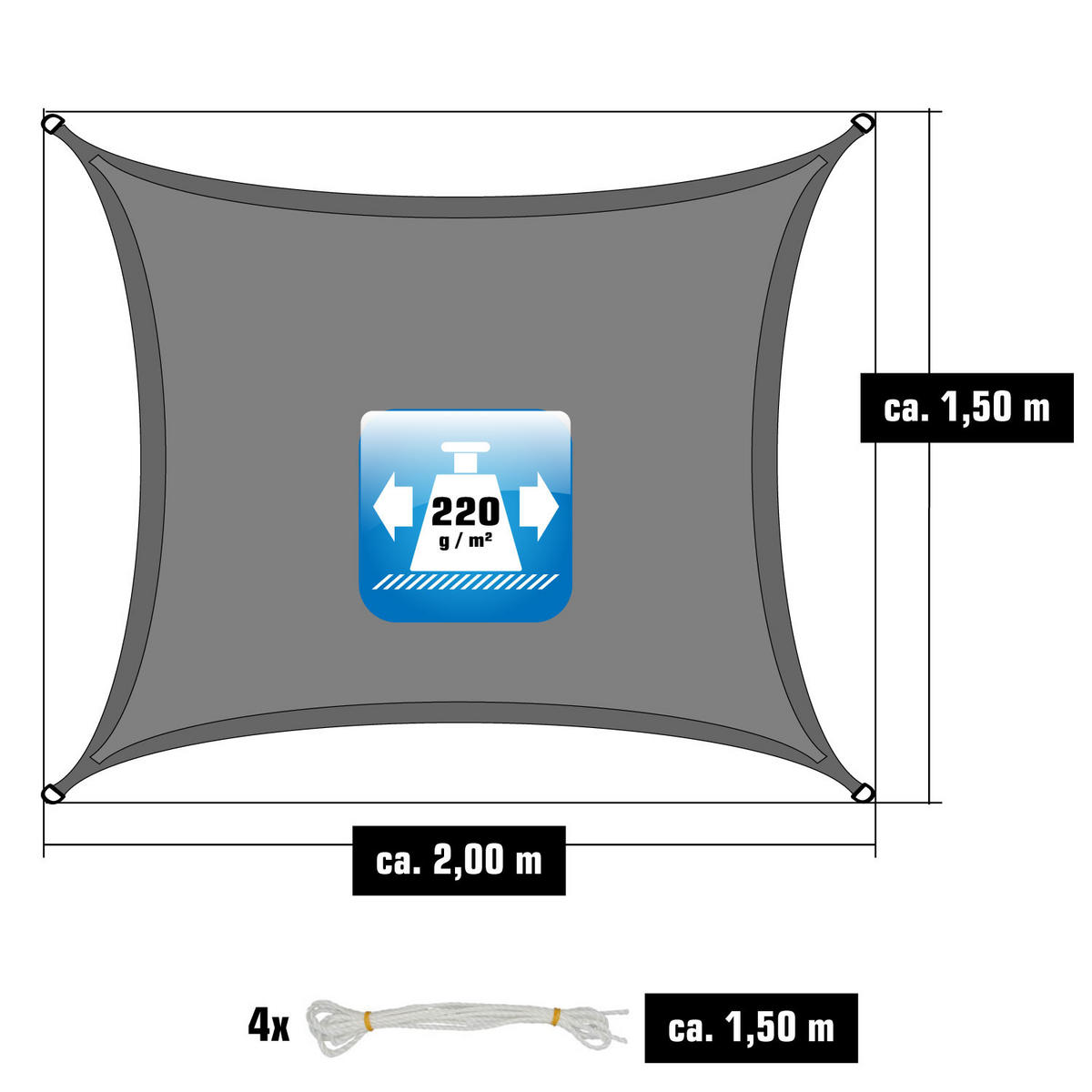 UV-SONNENSEGEL 1,5/2 m, Viereckig, Wasserdurchlässig, Grau - Grau, Kunststoff (150/200cm) - Amanka